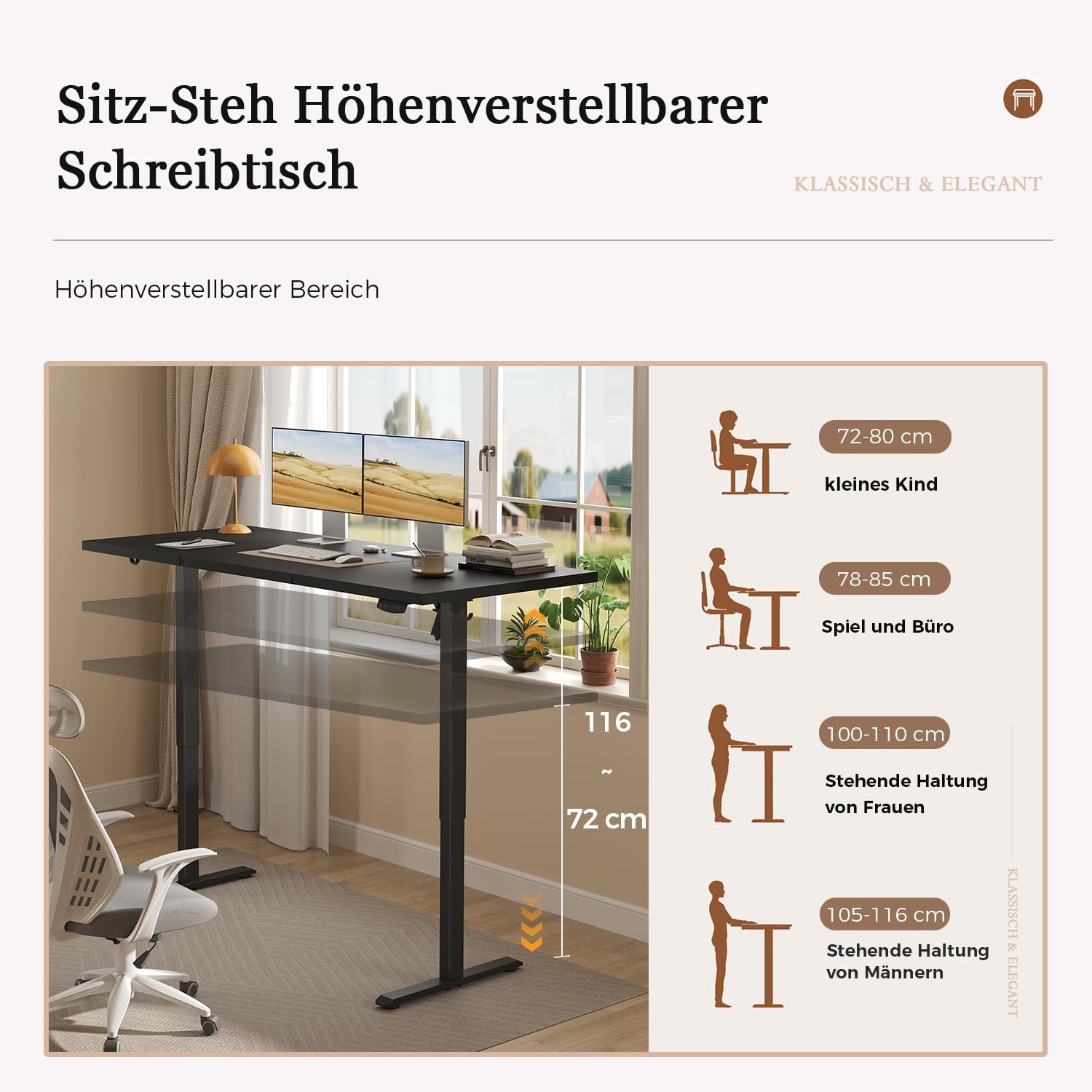 Thumbnail 2 de Klicelor Höhenverstellbarer Schreibtisch – Elektrischer Steh-Sitz Bürotisch, 140 x 60 cm, Schwarz