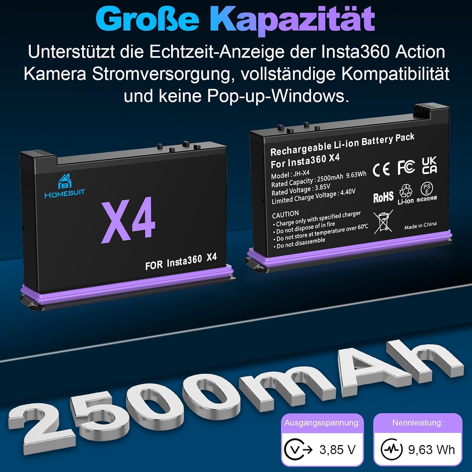 Detalle de Homesuit 2er-Pack Insta360 X4 Akku 2500 mAh + Schnellladegerät 3-Kanal – kompatibel mit Insta360 X4