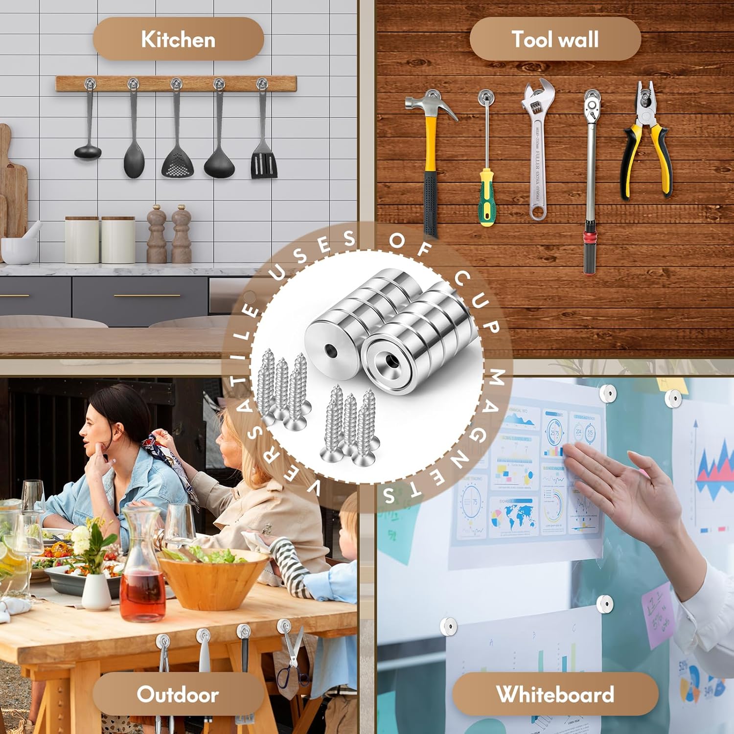 Thumbnail 2 de Neosmuk Magnets with Hole, 10kg: Heavy-Duty Round Cup Magnets for Walls and Tool Racks (Pack of 10)