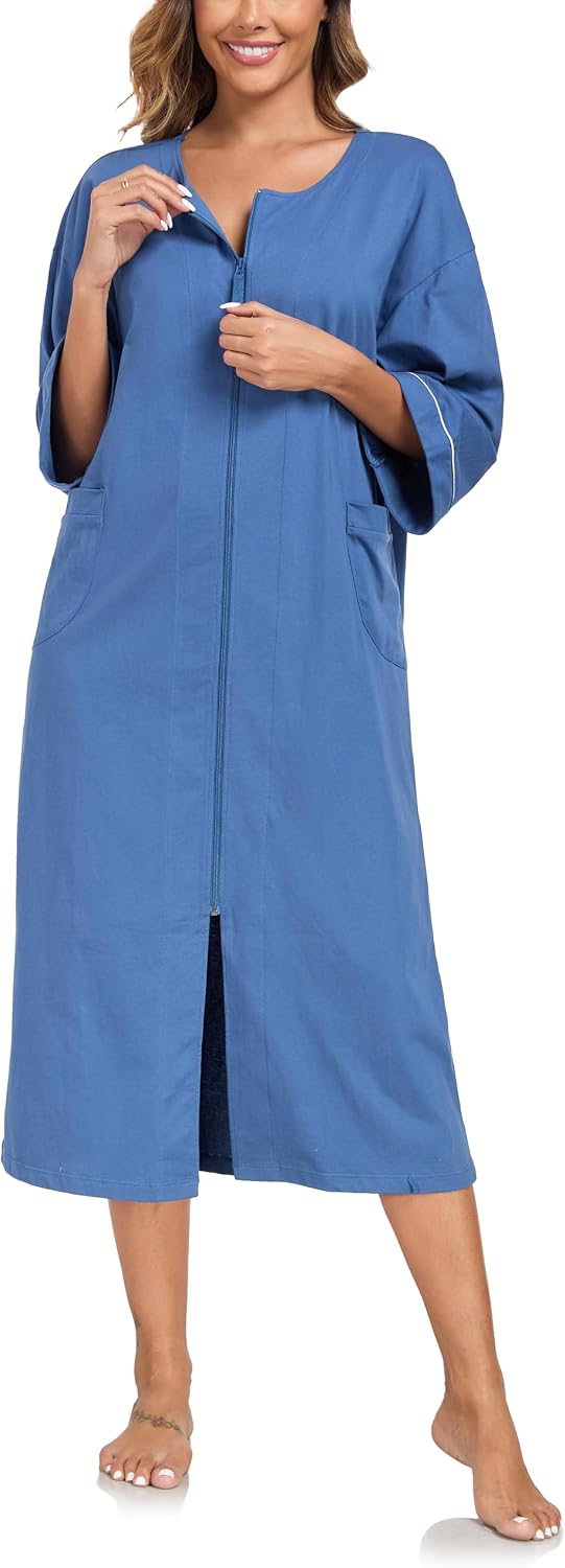 Detalle 2 de COLORFULLEAF 100% Cotton Zipper Robe with Pockets