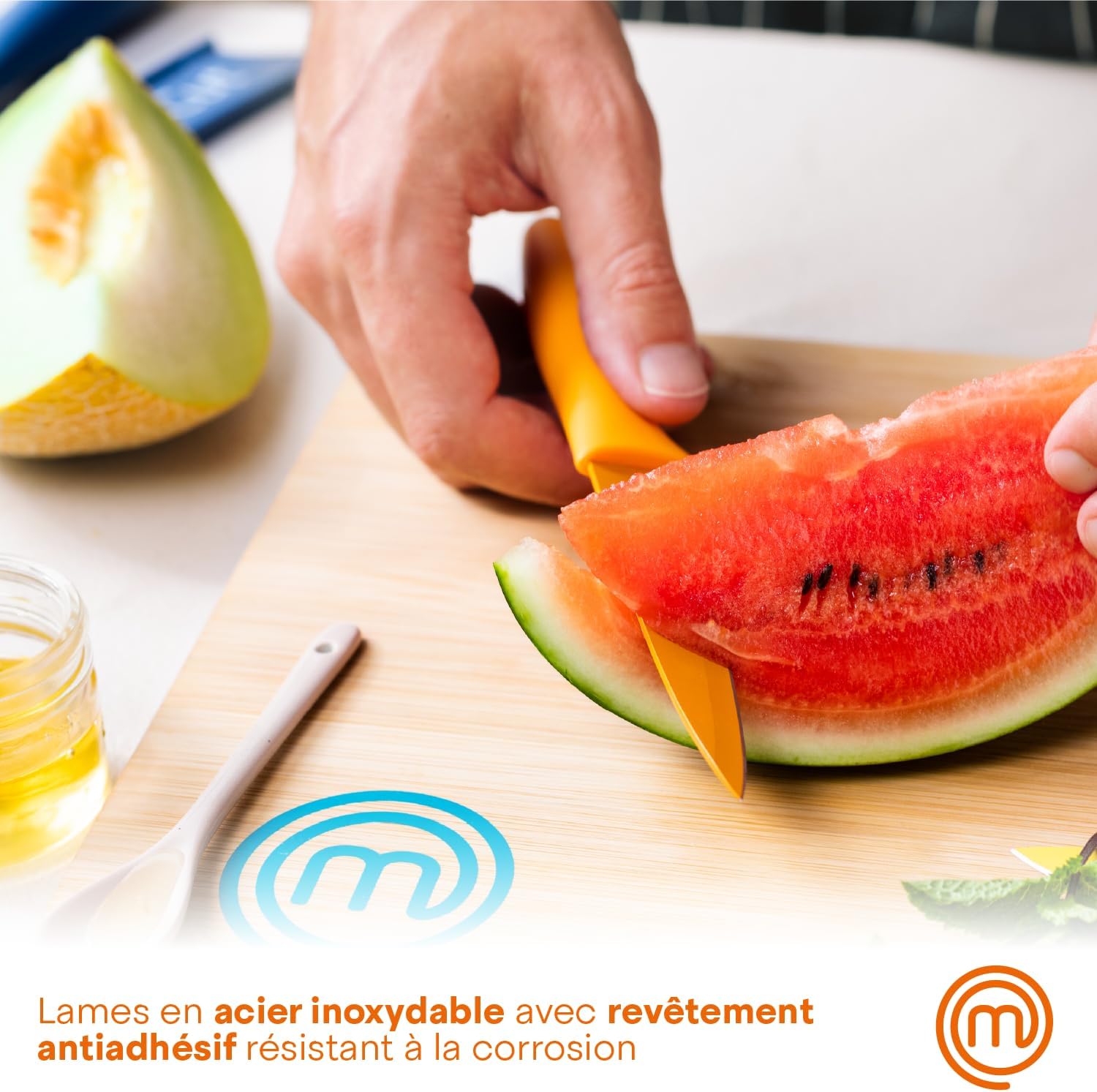 Detalle de Coffret de 5 couteaux de cuisine MasterChef avec bloc — couteau d’office, pain, chef, multi-usage et tranchant