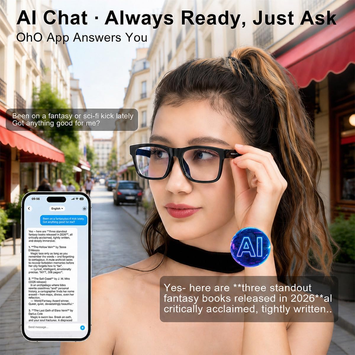 Detalle de OhO sunshine AI Smart Glasses with Photochromic Z87.1 Lenses and Open-Ear Audio