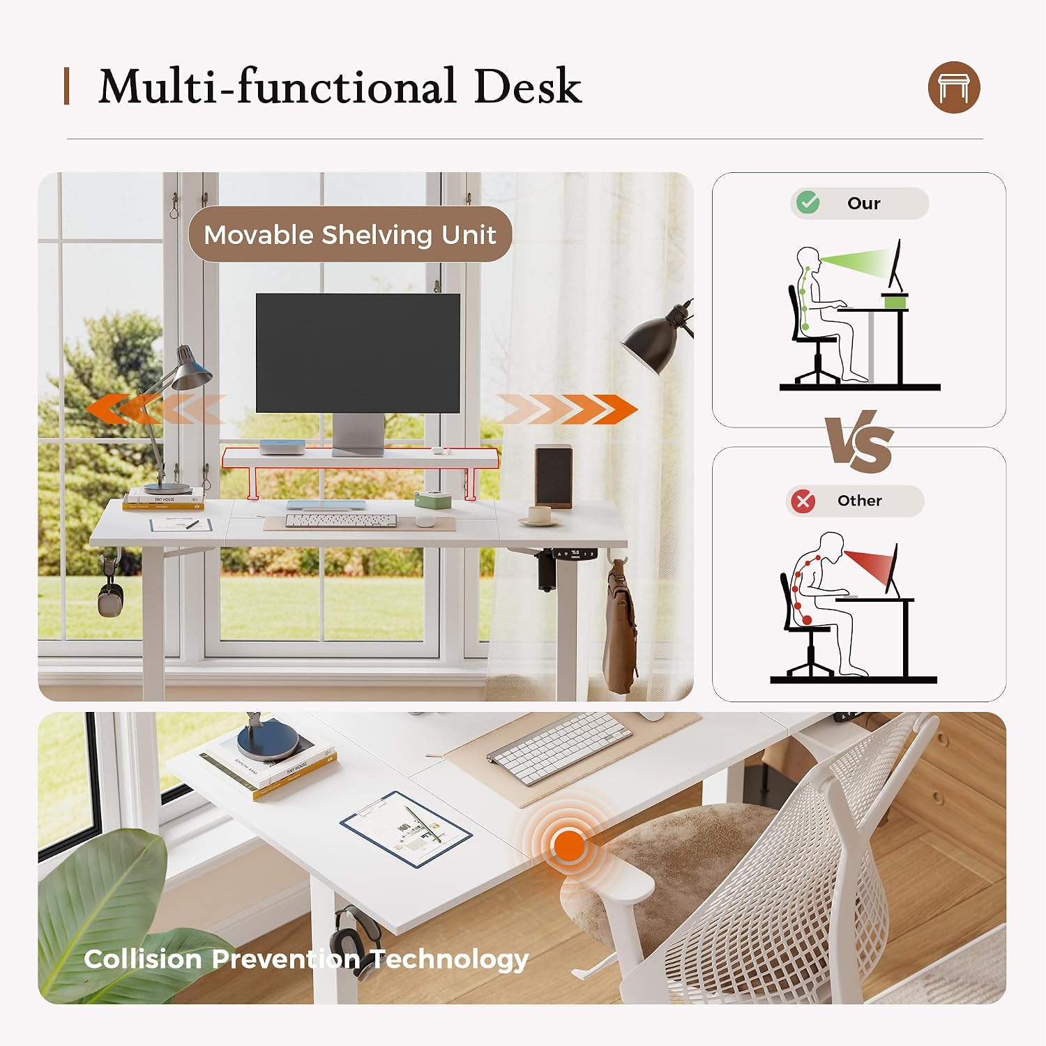 Thumbnail 4 de Klicelor Electric Height Adjustable Desk with Movable Monitor Stand, 120x80cm, 72-116cm Height, 2 Memory Buttons, White