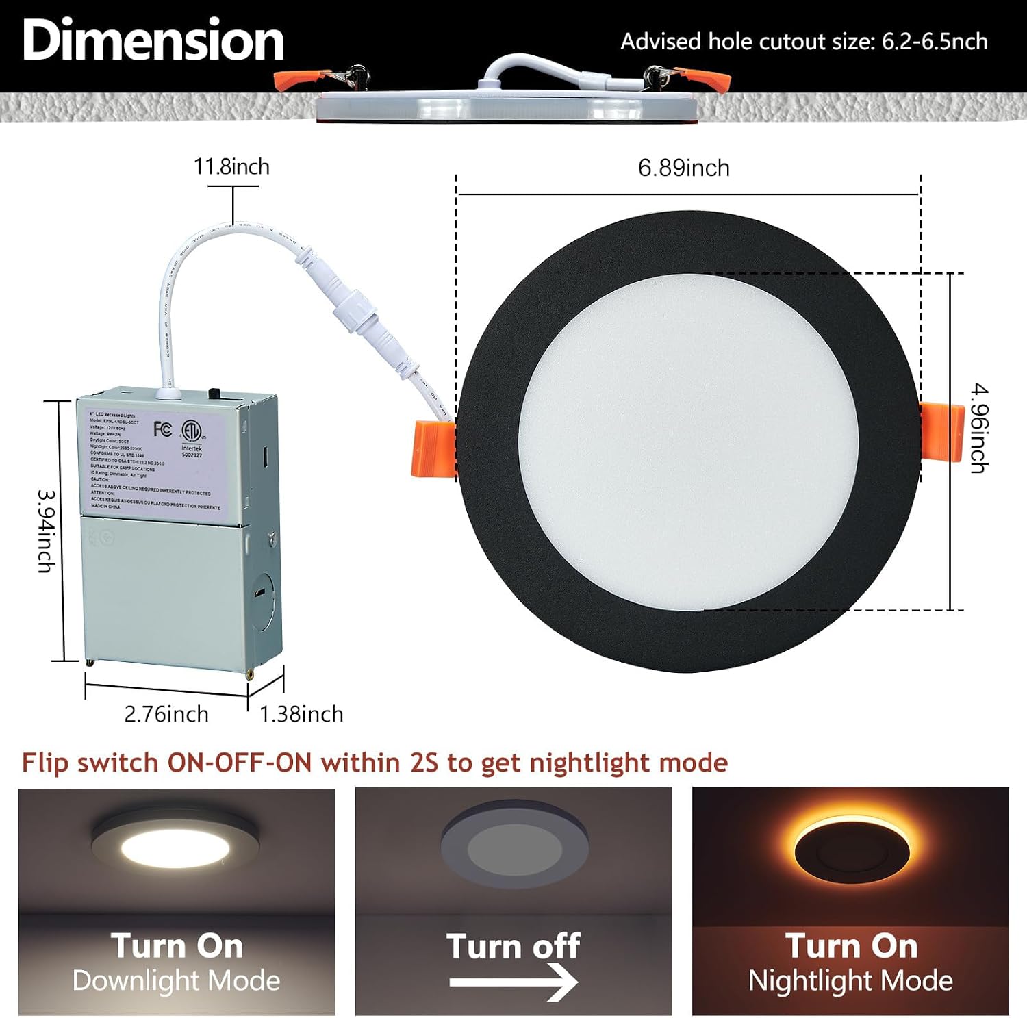 Detalle de Togalonn LR2-B 6-Inch Black LED Pot Lights with Night Light, 5CCT, Dimmable