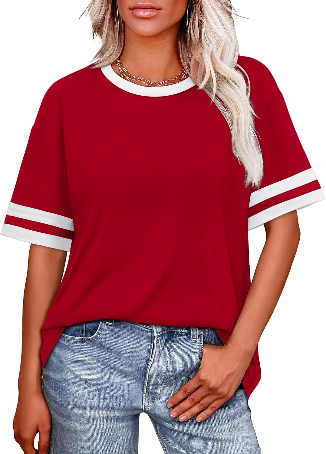 Detalle de WIHOLL Women's Loose Fit Short Sleeve Color Block Tee