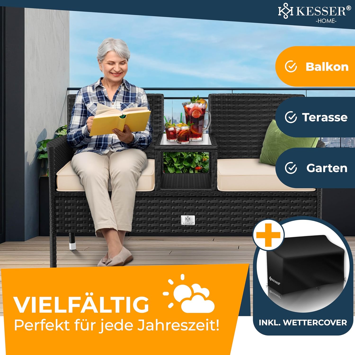Thumbnail 5 de KESSER Polyrattan Gartenbank mit Tisch (2 Sitzer), 143x63x88 cm – wetterfest für Garten & Balkon in Schwarz