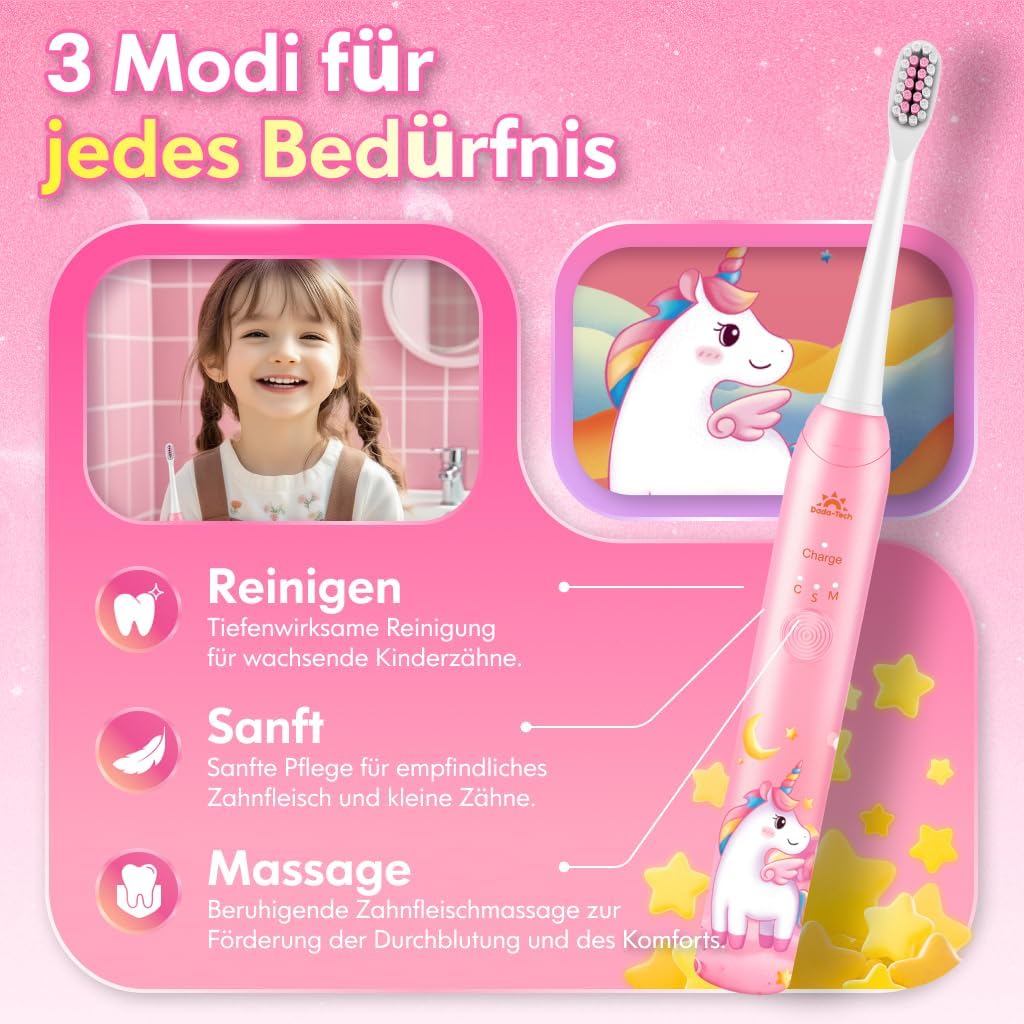 Detalle 2 de Kinder-Schallzahnbürste für 3–12 Jahre: elektrische Zahnbürste Einhorn Neu Rosa mit Timer & 3 Modi