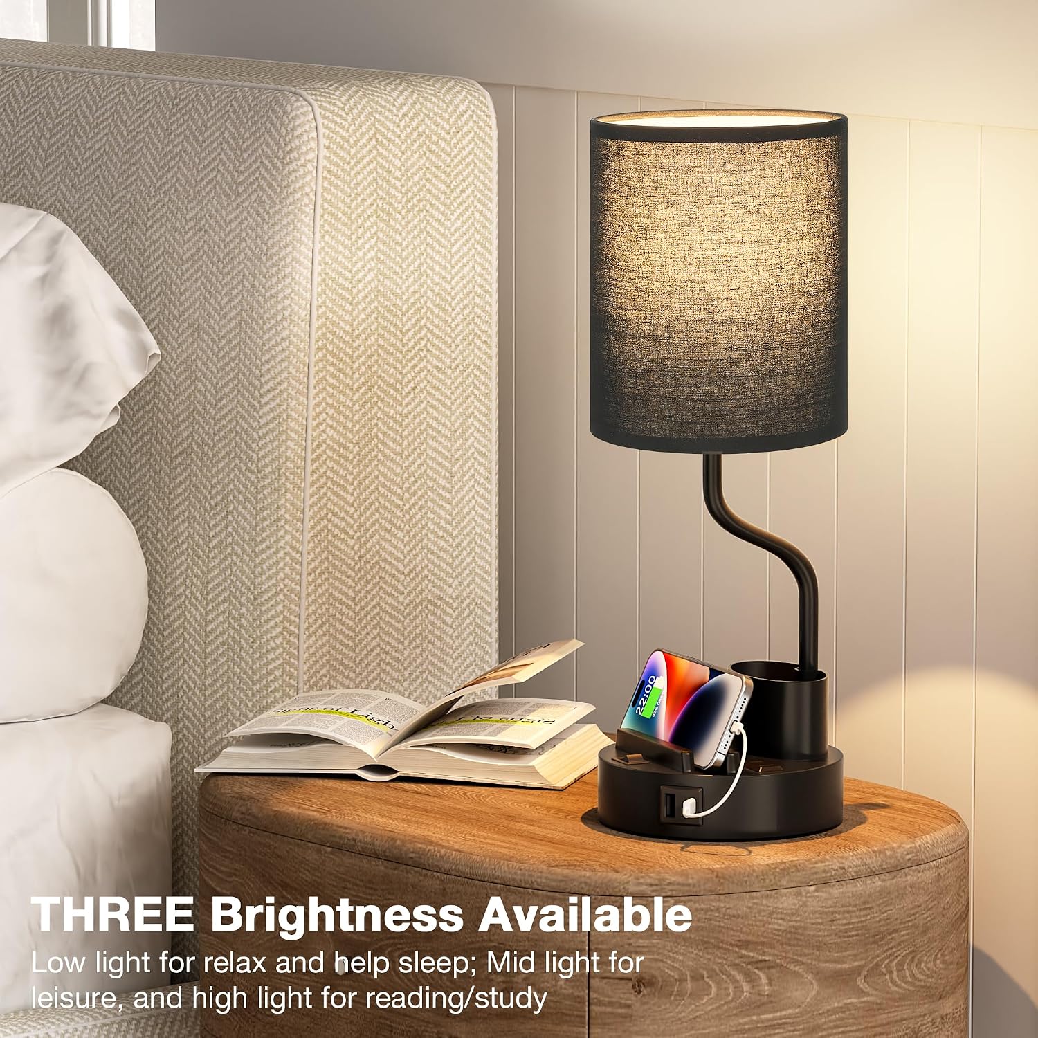 Detalle de Fenmzee Lamps 23 Bedside Table Lamps, Set of 2, with USB-A/C and 3 Color Temperatures