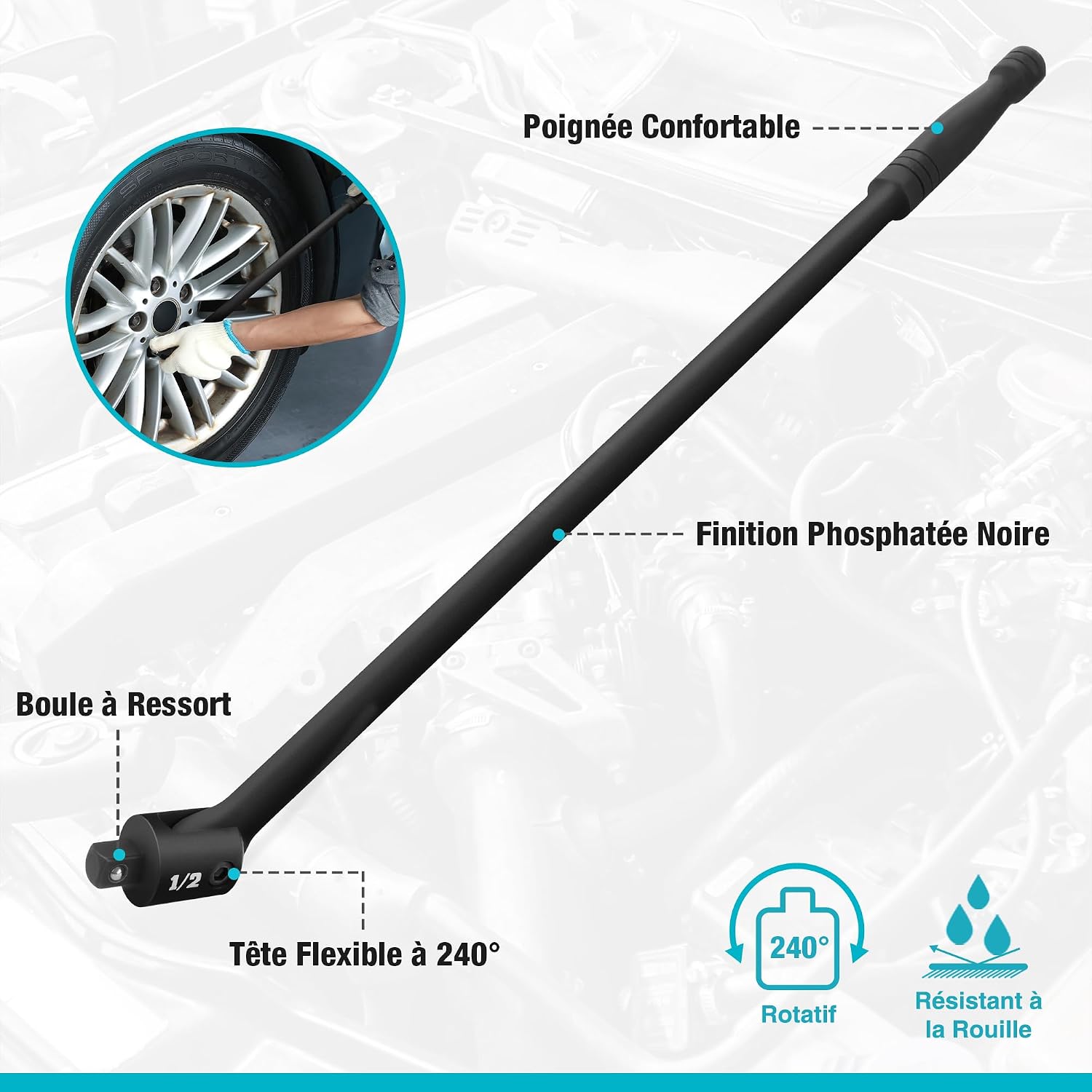 Detalle de DURATECH Clé à Cliquet Articulée 1/2" – Barre de force 600 mm, tête flexible 240°, 780 Nm