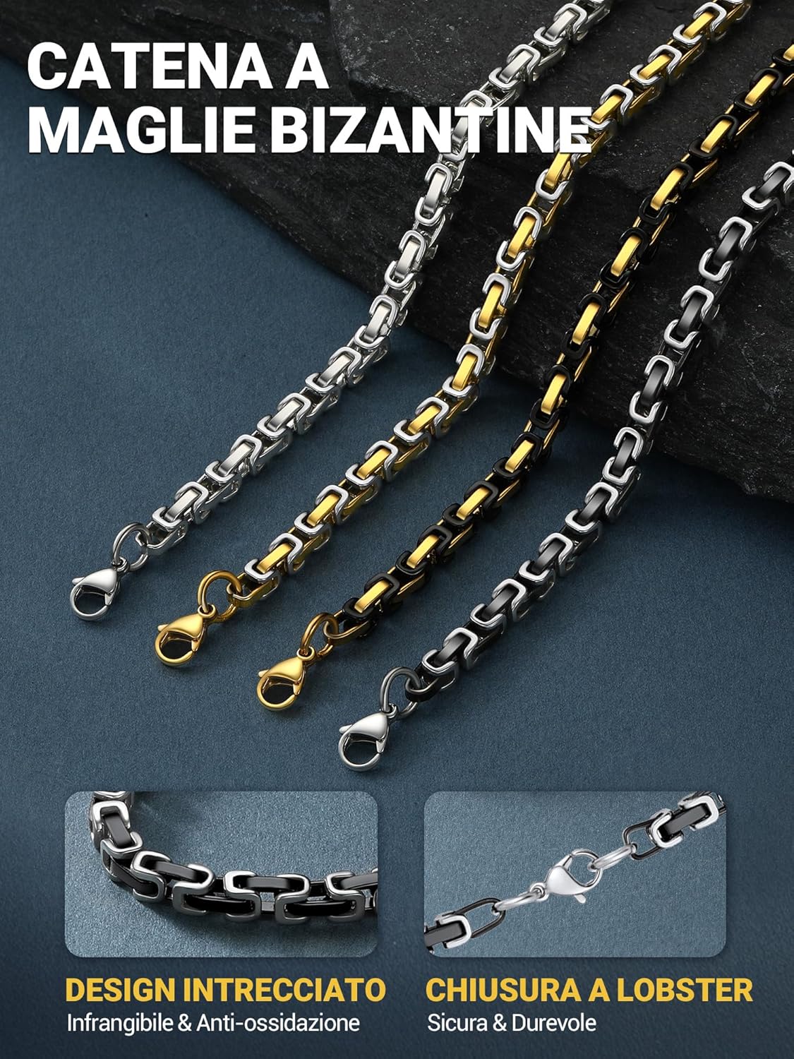 Thumbnail 6 de PROSTEEL Collana uomo Bizantina in acciaio con maglia intrecciata 4mm/6mm, finiture argento nero oro 18K e catena punk