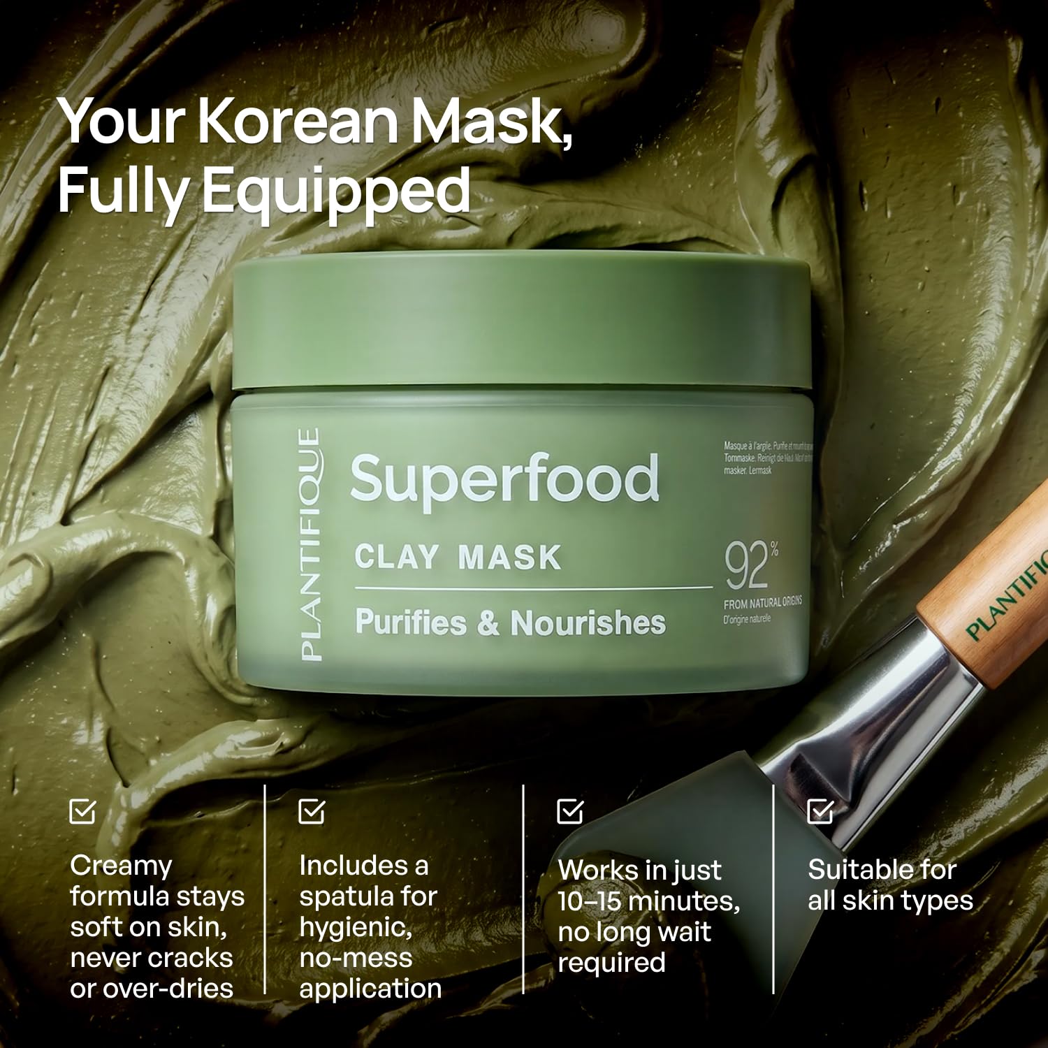 Detalle de PLANTIFIQUE Korean Skincare Clay Mask – Hydrating Avocado & Superfoods Mud Mask