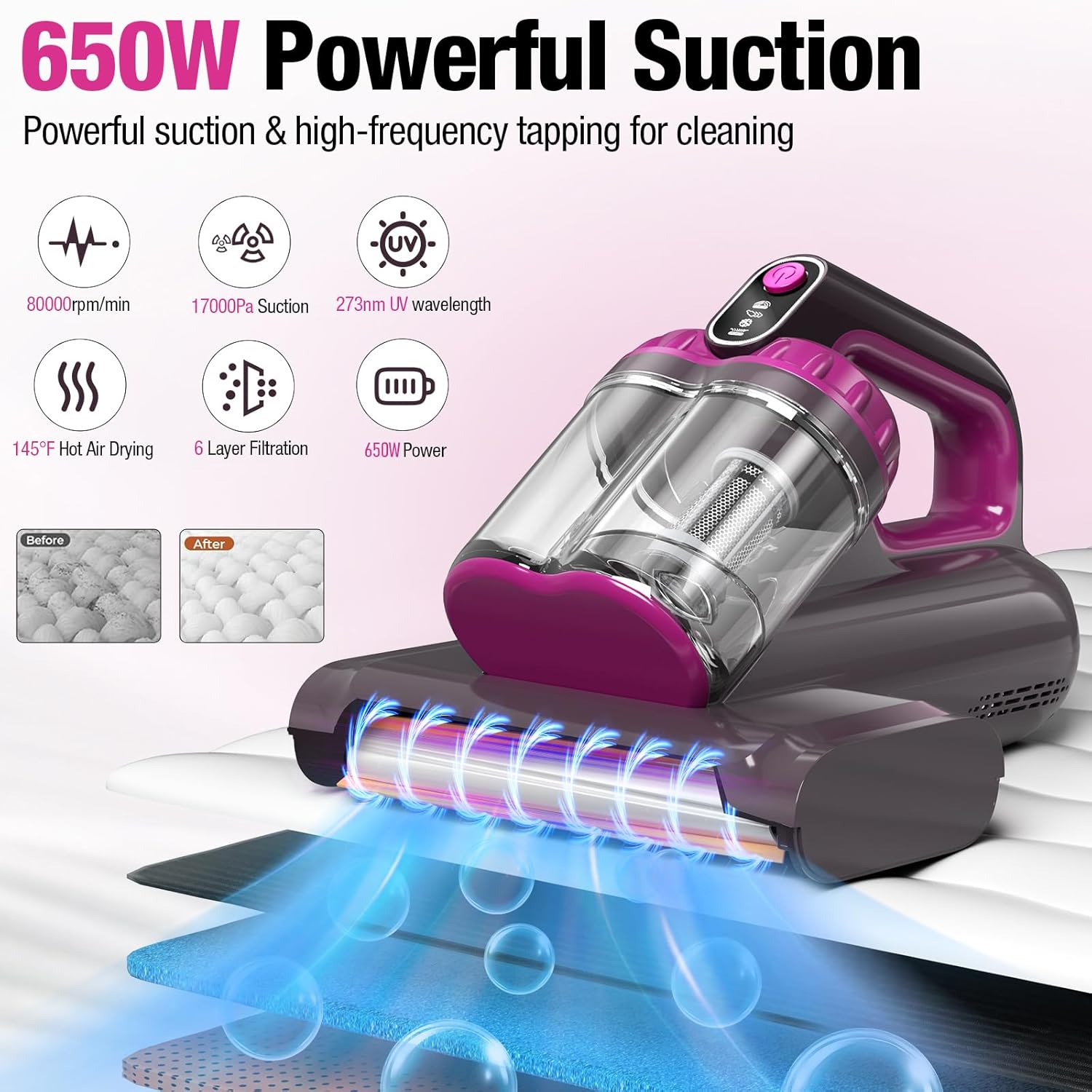 Detalle 2 de BYHUME Mattress Vacuum Cleaner 17KPa Bed Vacuum 📢