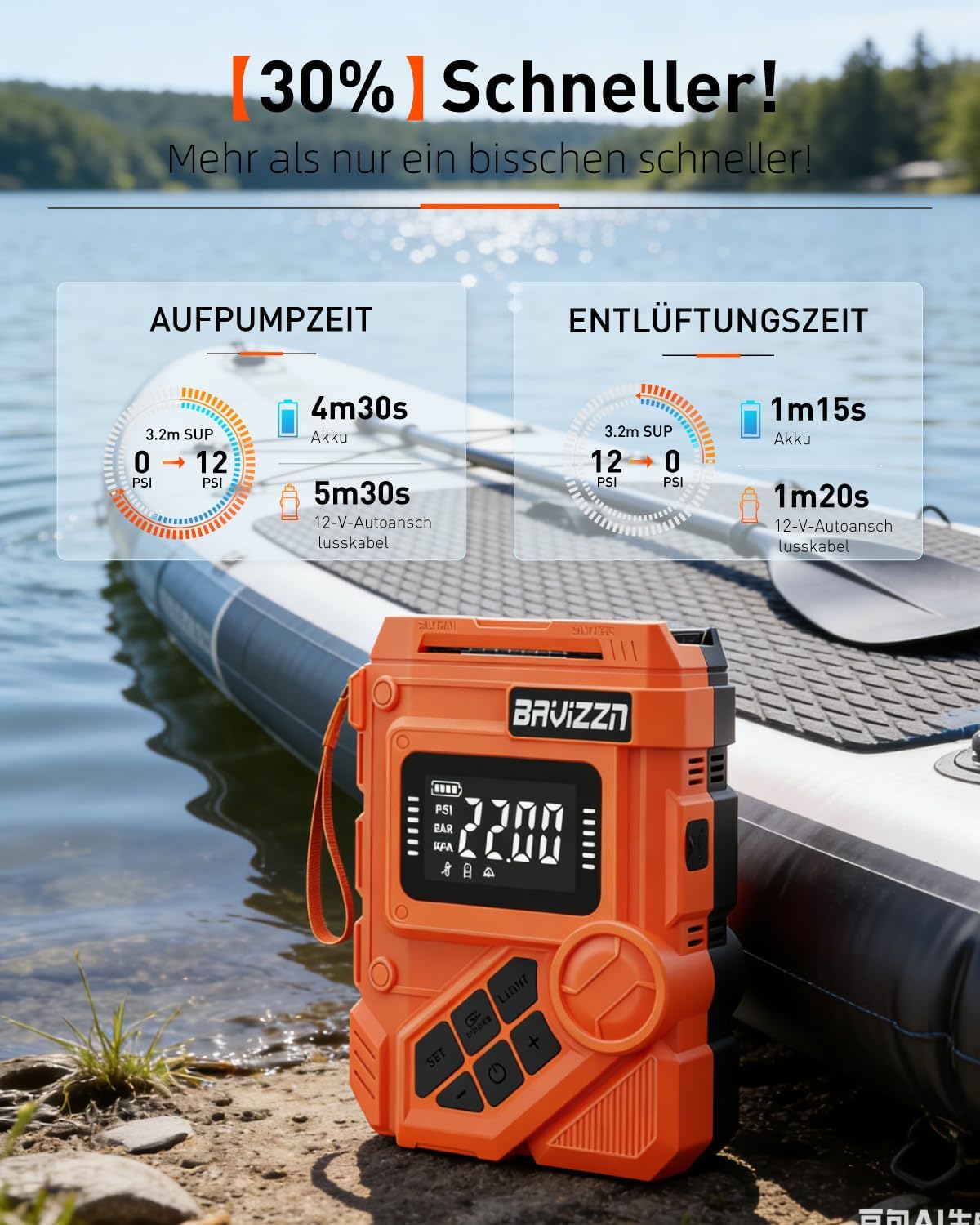 Detalle 2 de BAVIZZN 22PSI Akku SUP Elektrische Pumpe – vielseitig, Akku + 12V, 4 Modi, LED