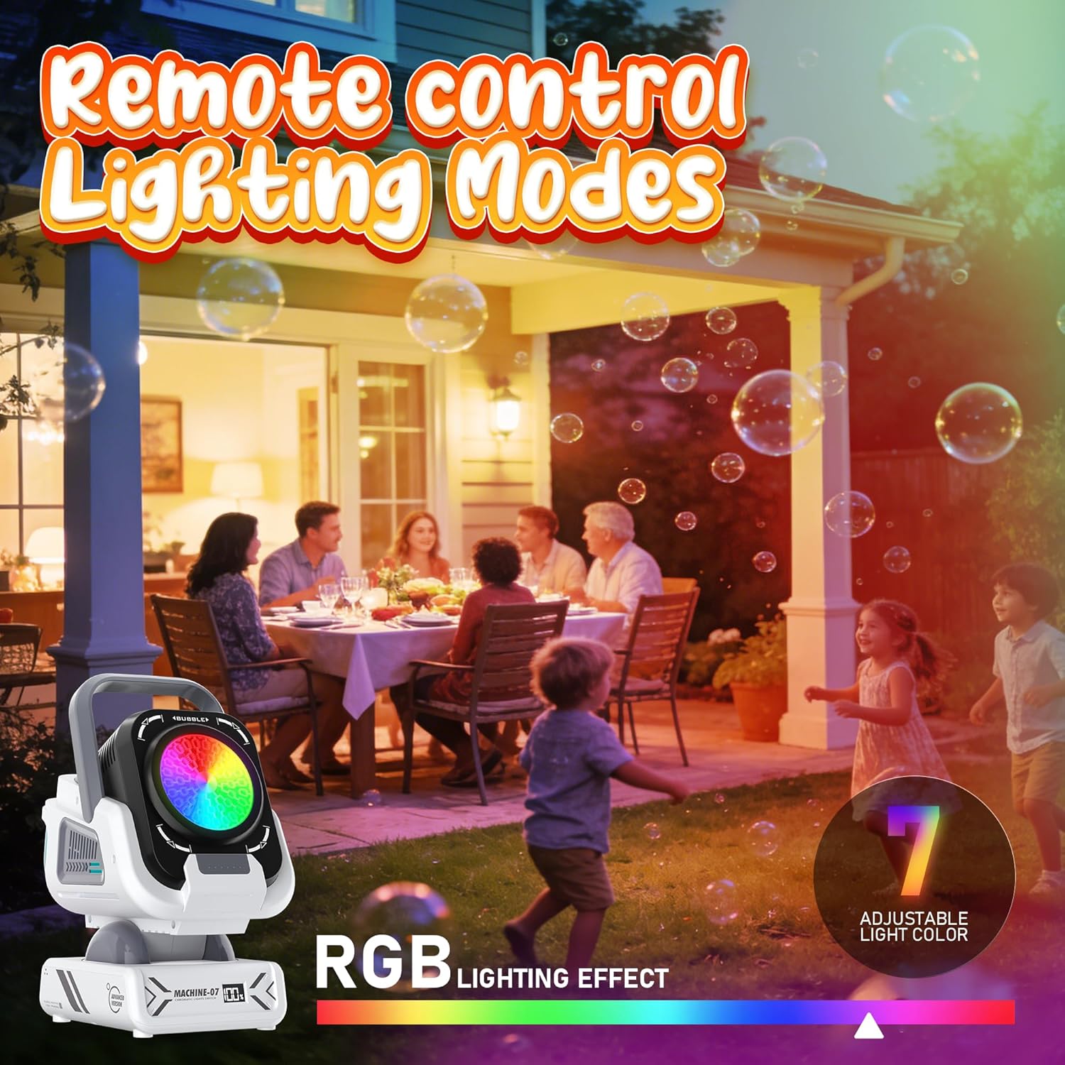 Detalle 2 de Bubble Machine with Remote Control and 7 Color RGB Lights (Rechargeable, 20,000+ Bubbles/Minute) — Outdoor Party Bubble Blower