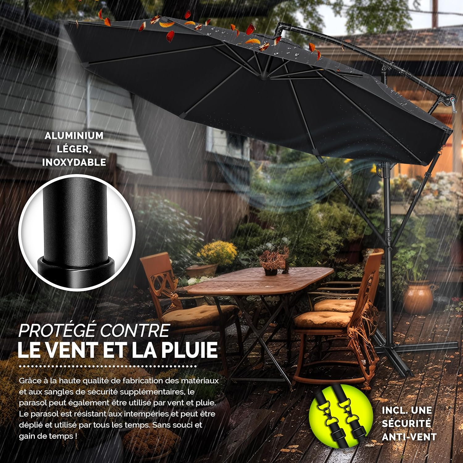 Thumbnail 3 de Tillvex Parasol déporté hexagonal 3 m avec manivelle et pied robuste – protection UV et déperlance