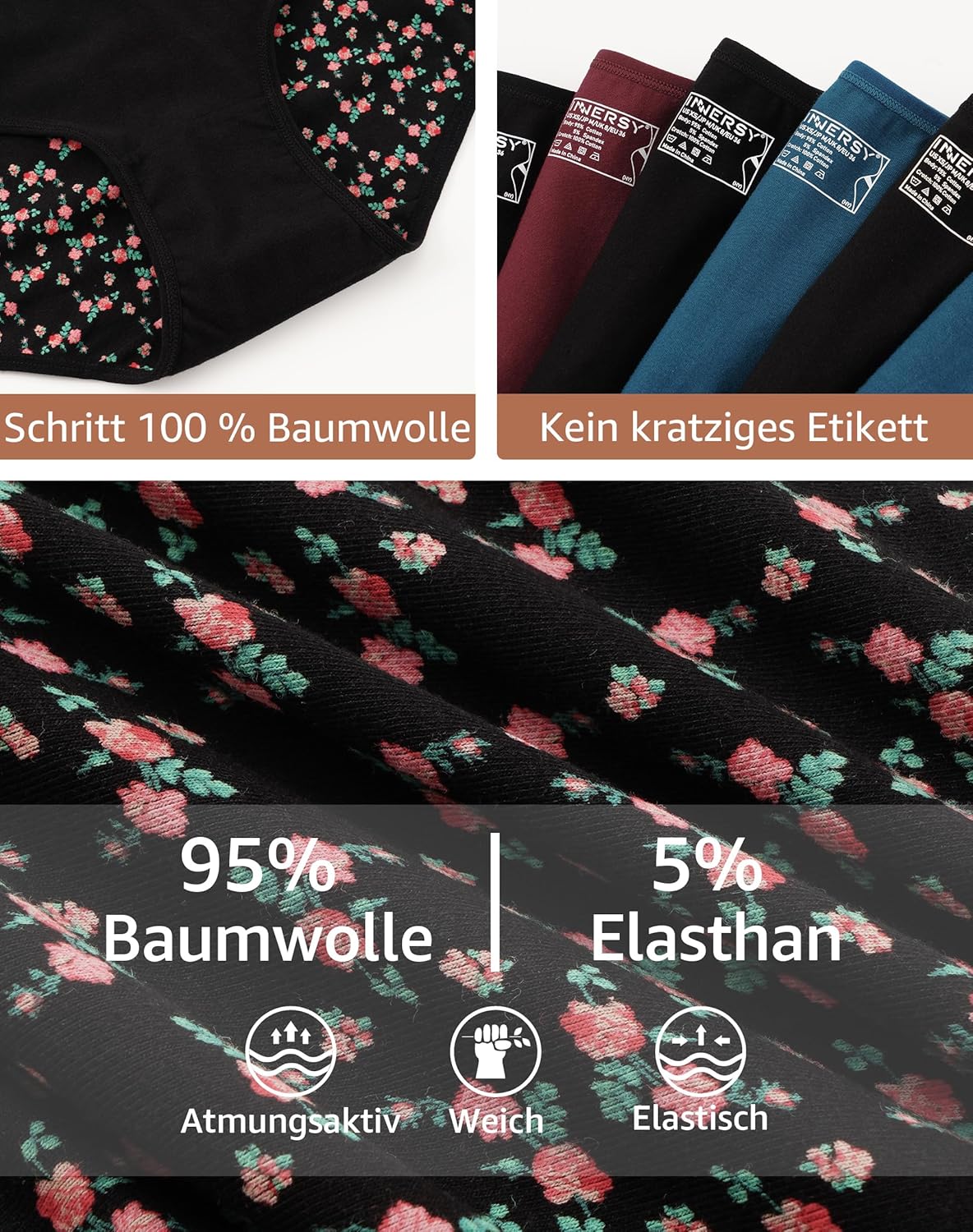 Detalle de INNERSY Damen Hipster-Unterhosen aus Baumwolle im 6er-Pack – atmungsaktiv, bequem & ohne kratzende Etiketten