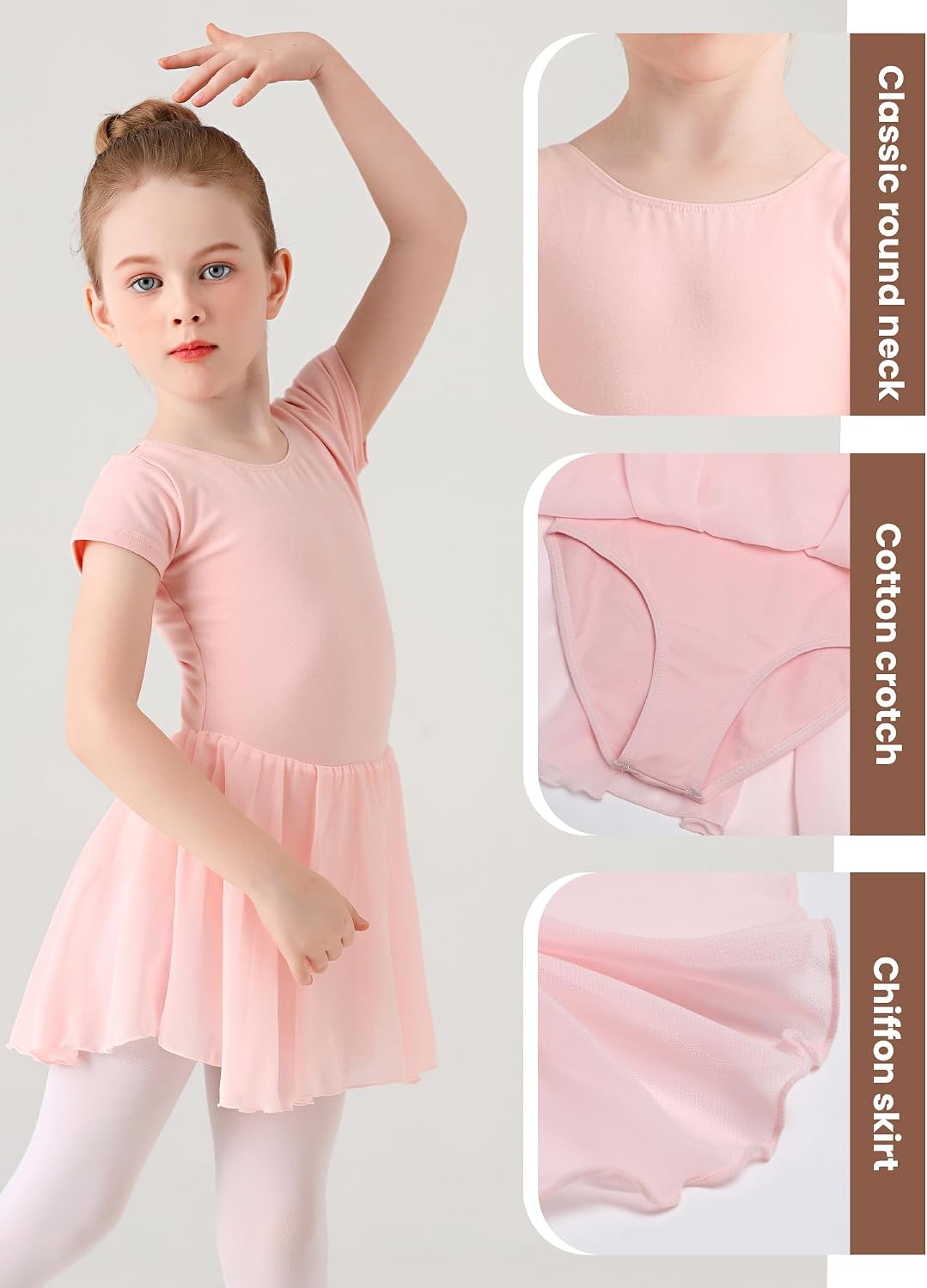 Detalle de Eisnnu Kinder Ballettkleidung Mädchen Baumwolle Kurzarm Tanzkleid mit Chiffon Rock, 2–11 Jahre