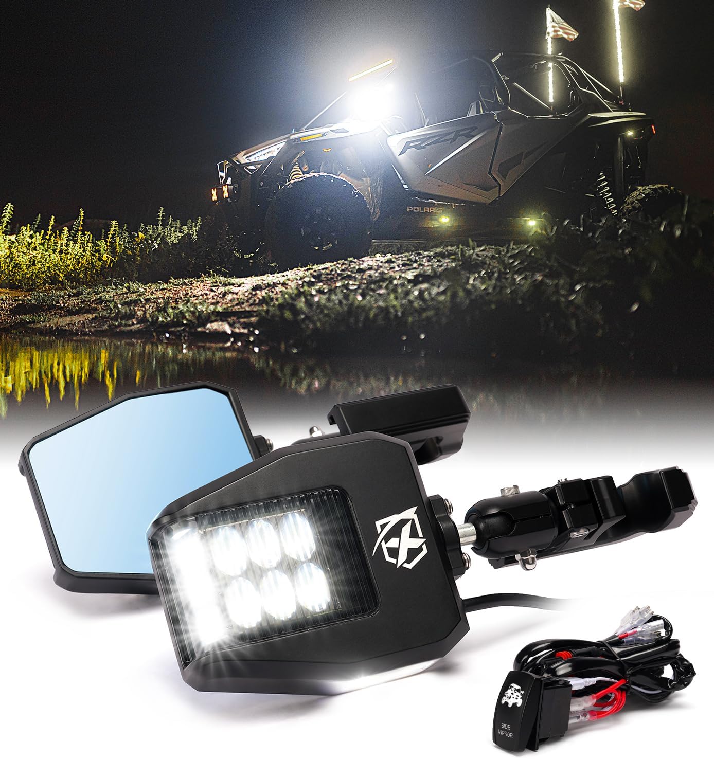 Xprite UTV LED Side View Mirrors with Puddle Lights — Aluminum, 1.75"–2" Roll Cage, Smoke Lens