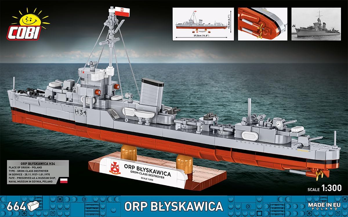 Detalle de COBI ORP BŁYSKAWICA COBI-4865 – model okrętu, 664 elementy, skala 1:300