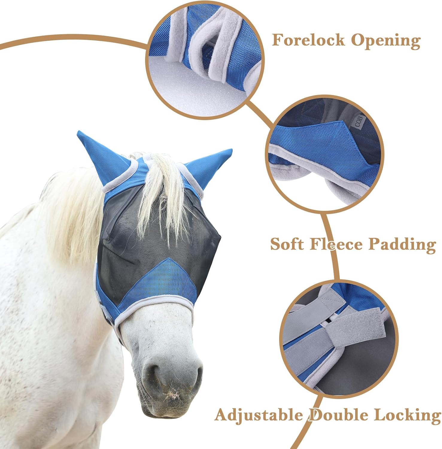 Detalle de Gallopoff Horse Fly Mask with Ears (Royal Blue Cob) – Breathable Mesh with UV Protection and Adjustable Fit