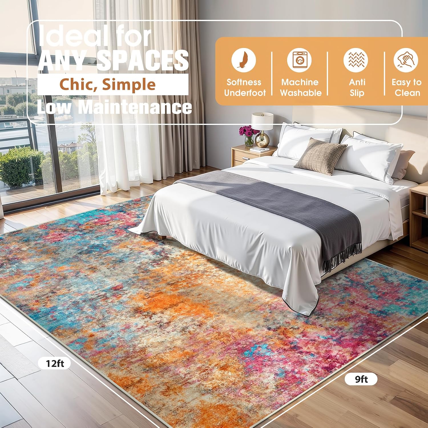 Thumbnail 1 de 9x12 Washable Area Rug for Living Room with Non-Slip Backing — Abstract Large Rug