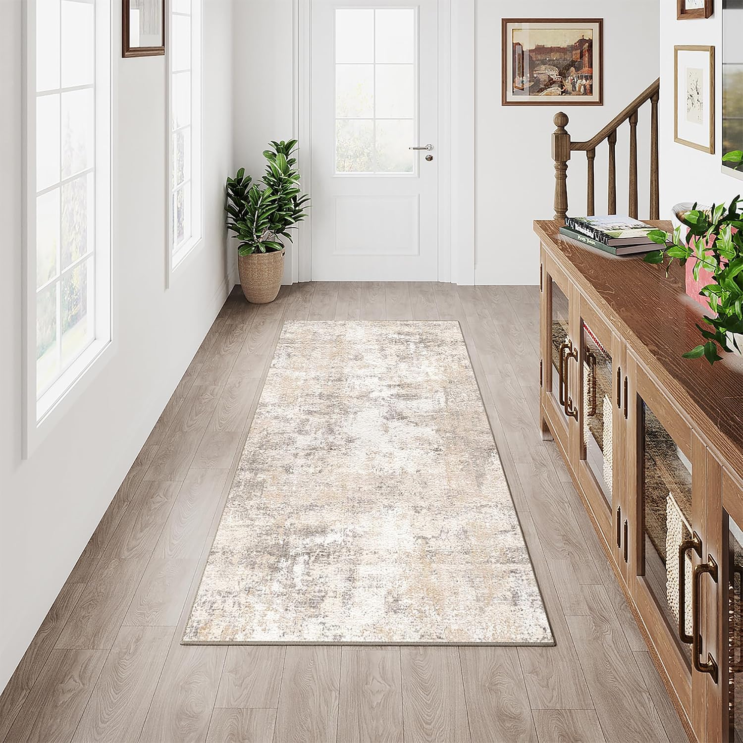 Detalle de HUGEAR waschbarer Kurzflor-Gegendteppich 150 x 210 cm – Beige/Grau mit abstraktem Muster