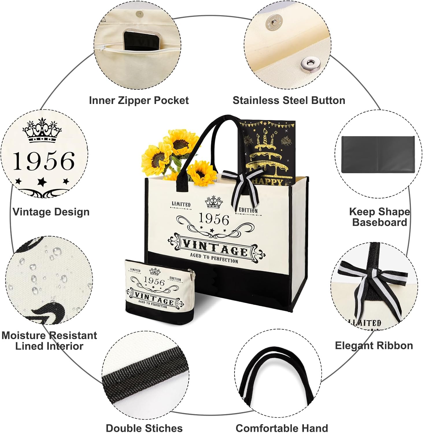 Detalle de 70. Geburtstagsgeschenke für Frauen – Leinwand Tote Bag Set mit Kosmetiktasche und Poster „Back in 1956“
