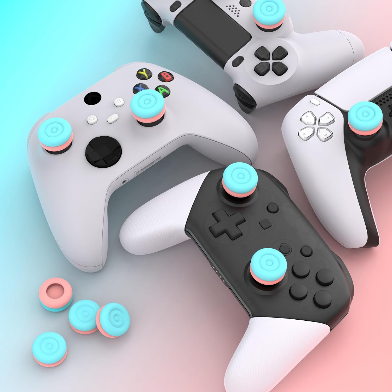 Thumbnail 6 de PlayVital Thumbs Cushion Caps Thumb Grips for PS5/PS4 and More – Aqua Blue & Coral Pink