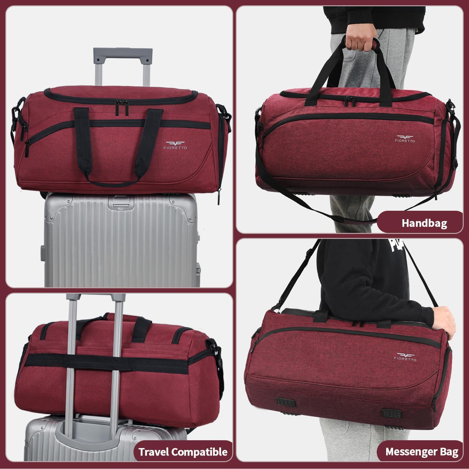 Detalle de FIORETTO 50L Sporttasche & Reisetasche mit Schuhfach und Nassfach – wasserdicht, 50 x 30 x 31 cm