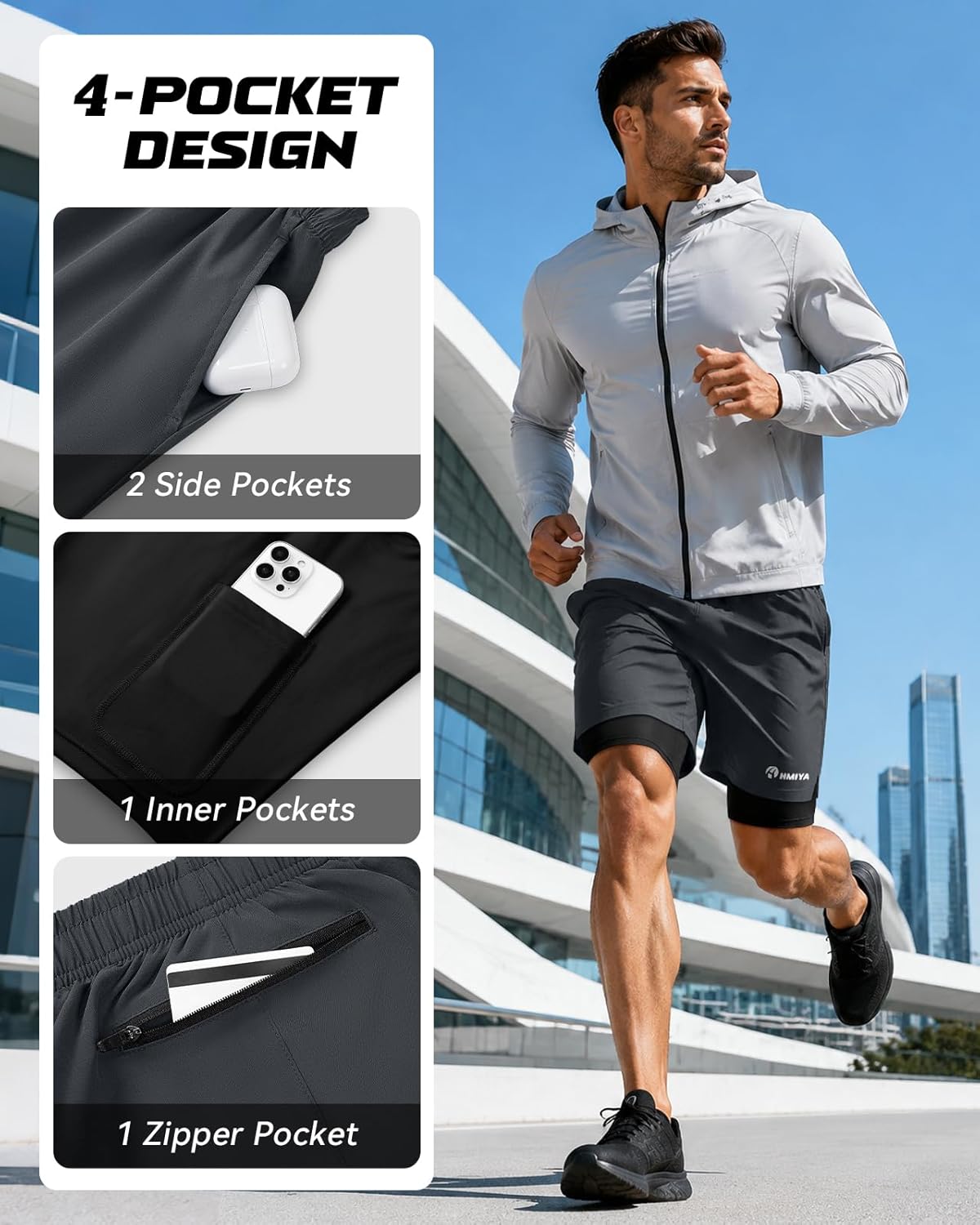 Detalle de HMIYA Herren 2-in-1 Fitness-Shorts mit Kompressionsunterzieher und Reißverschlusstasche