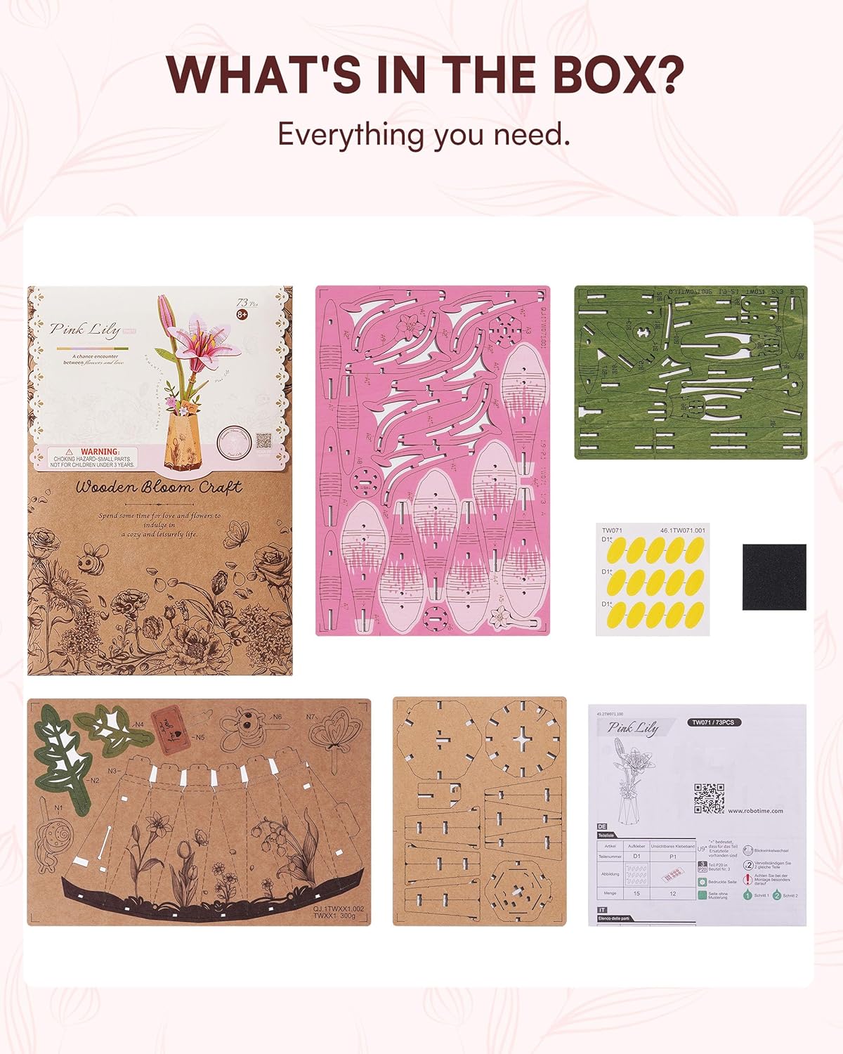 Thumbnail 5 de ROBOTIME 3D Puzzle Pink Lily: Wooden Flower Model Kit for Relaxed Crafting & Beautiful Home Décor