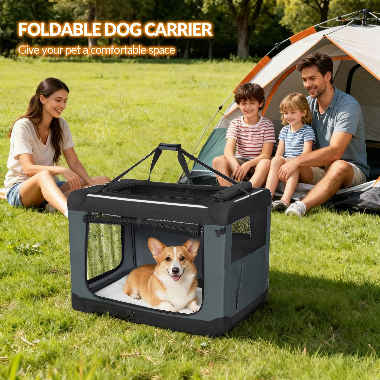 Detalle 2 de Fobyfurny Hundebox Faltbar FPDT001OG1 – Tragbare Transportbox aus 600D Oxford-Gewebe, 60 x 42 x 42 cm