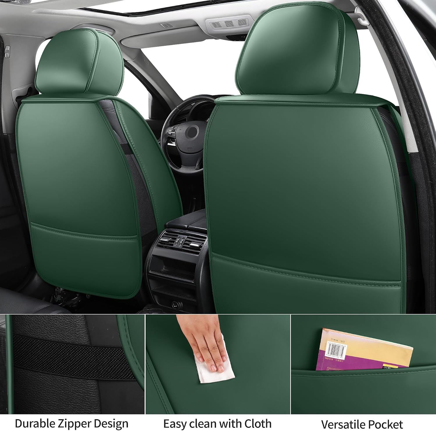 Thumbnail 6 de Green Thick Nappa Leather 3D Contoured Car Seat Covers – Universal Fit with Lumbar Support