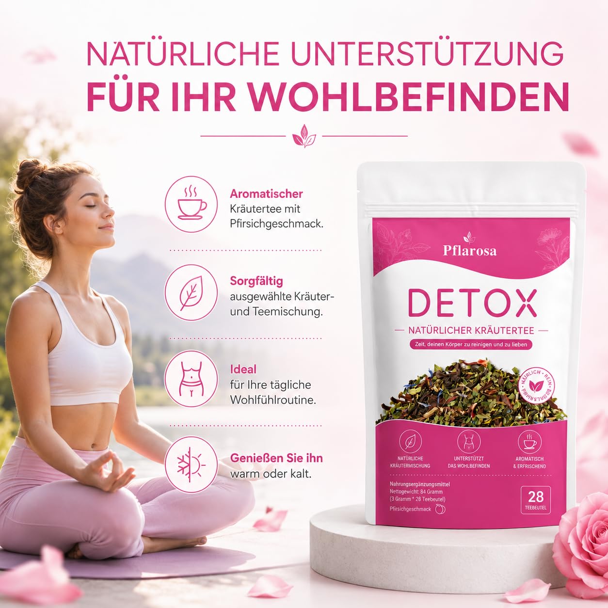 Detalle 2 de Detox Tee zum Abnehmen – 56-Tage Kräutertee-Kur mit Grüntee, Oolong & Löwenzahn, Pfirsichgeschmack (vegan)