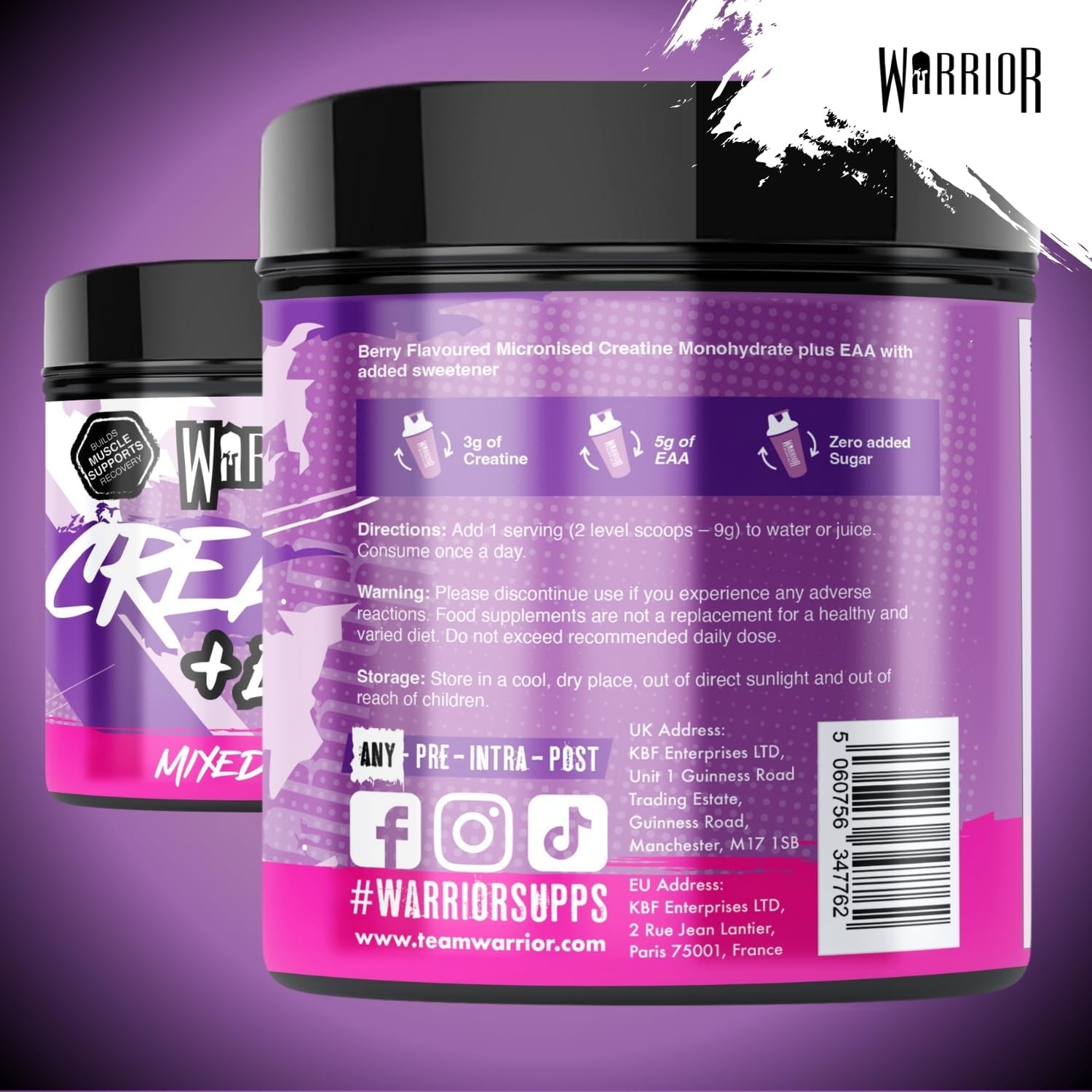 Thumbnail 3 de Warrior Kreatin Monohydrat Pulver + EAA Aminosäuren (270 g, 30 Portionen) – Waldbeere