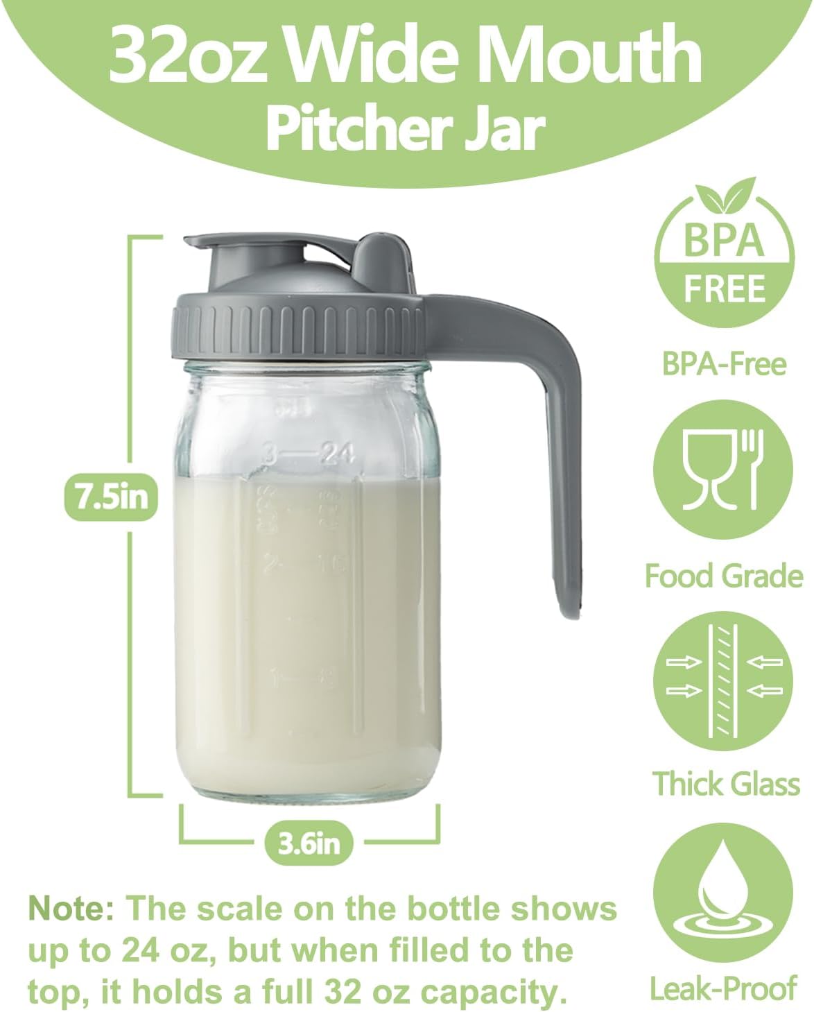 Detalle 2 de 32oz Glass Pitcher 1 Quart Breastmilk Storage Container 🥛