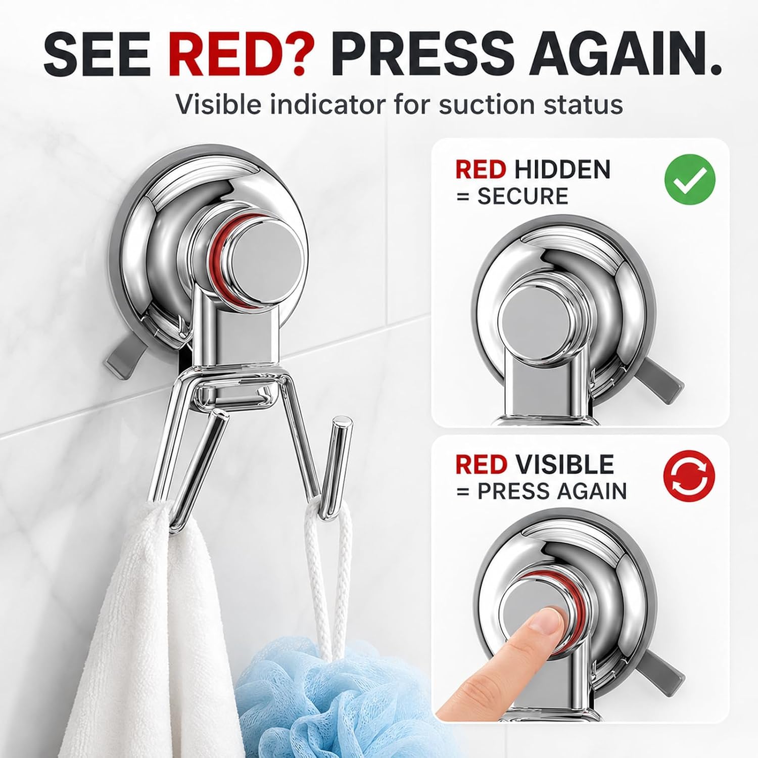 Detalle de chilinii CPH019 Suction Cup Dual Hooks, Stainless Steel, Red Indicator, 2-Pack