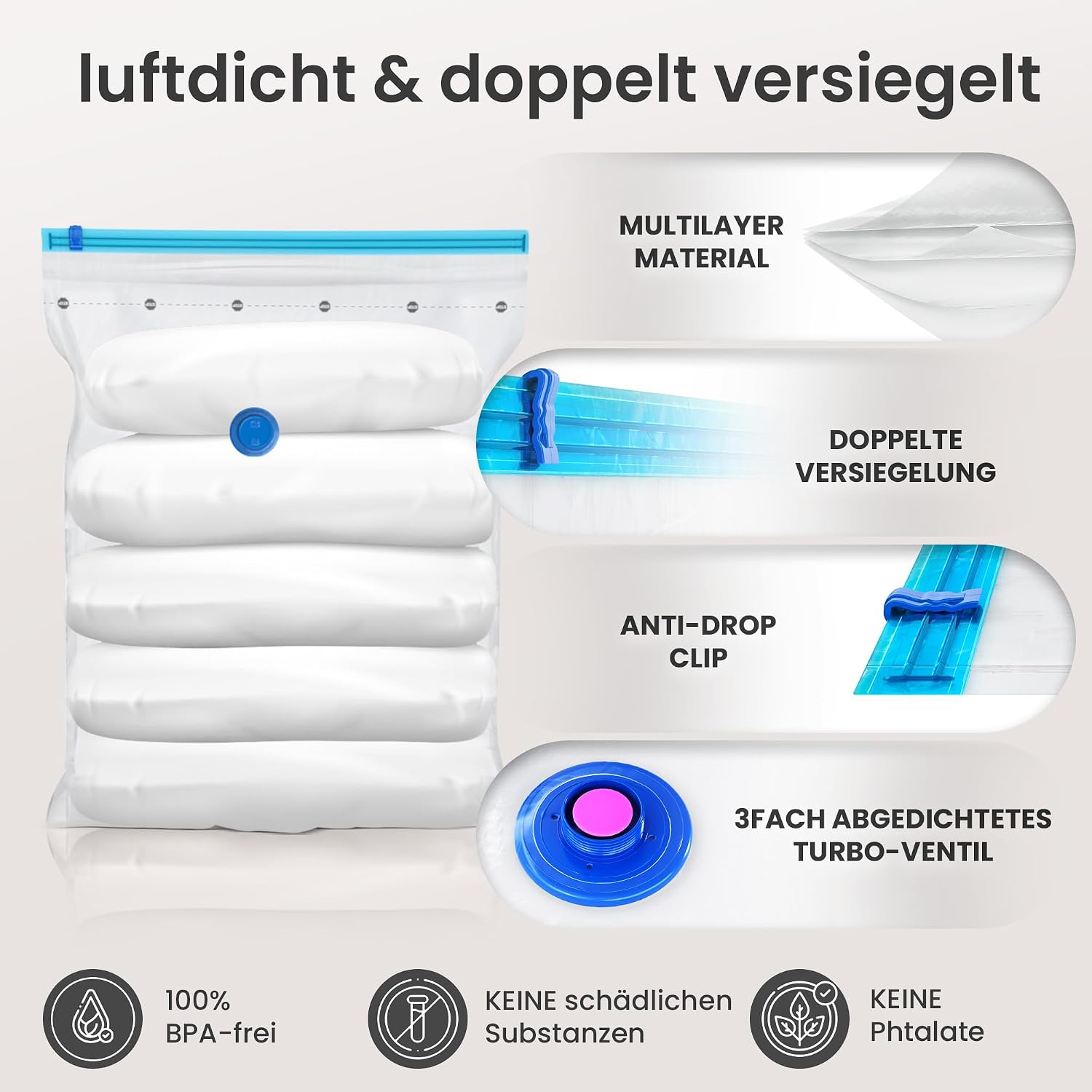 Detalle de Vakuumbeutel Kleidung 12er-Set in 3 Größen – wiederverwendbare Vakuum-Aufbewahrungsbeutel mit Staubsauger