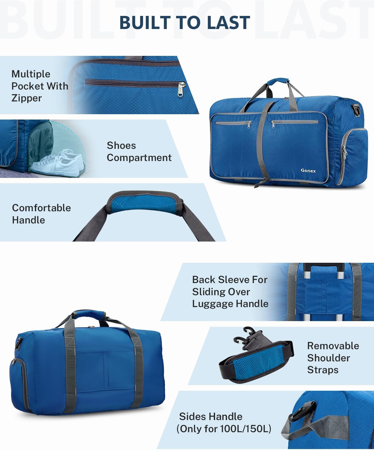 Thumbnail 5 de Gonex 100L Large Foldable Travel Duffle Bag with Shoes Compartment – Deep Blue