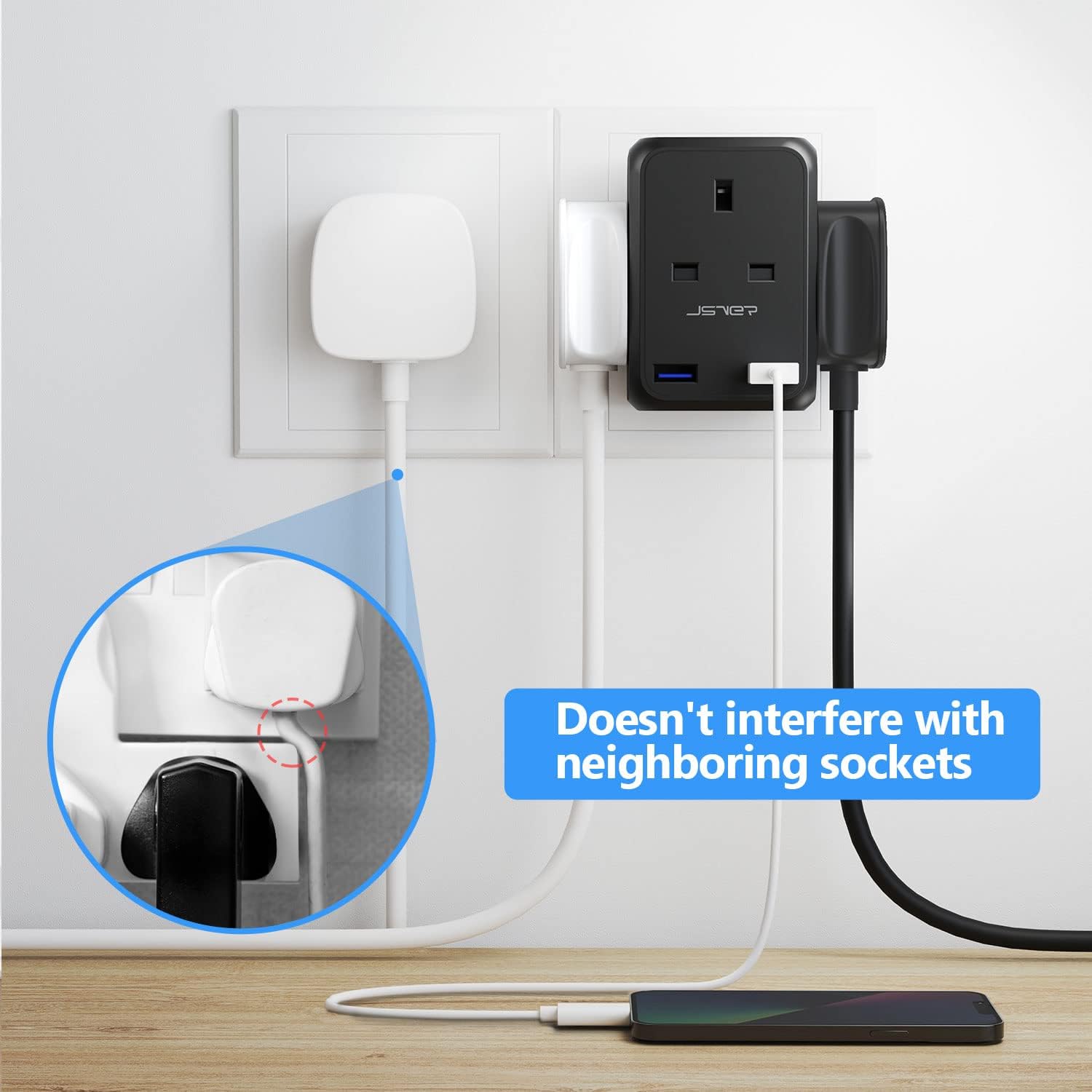 Thumbnail 1 de JSVER USB 4-Way Sockets 13A Cube Extension Plug