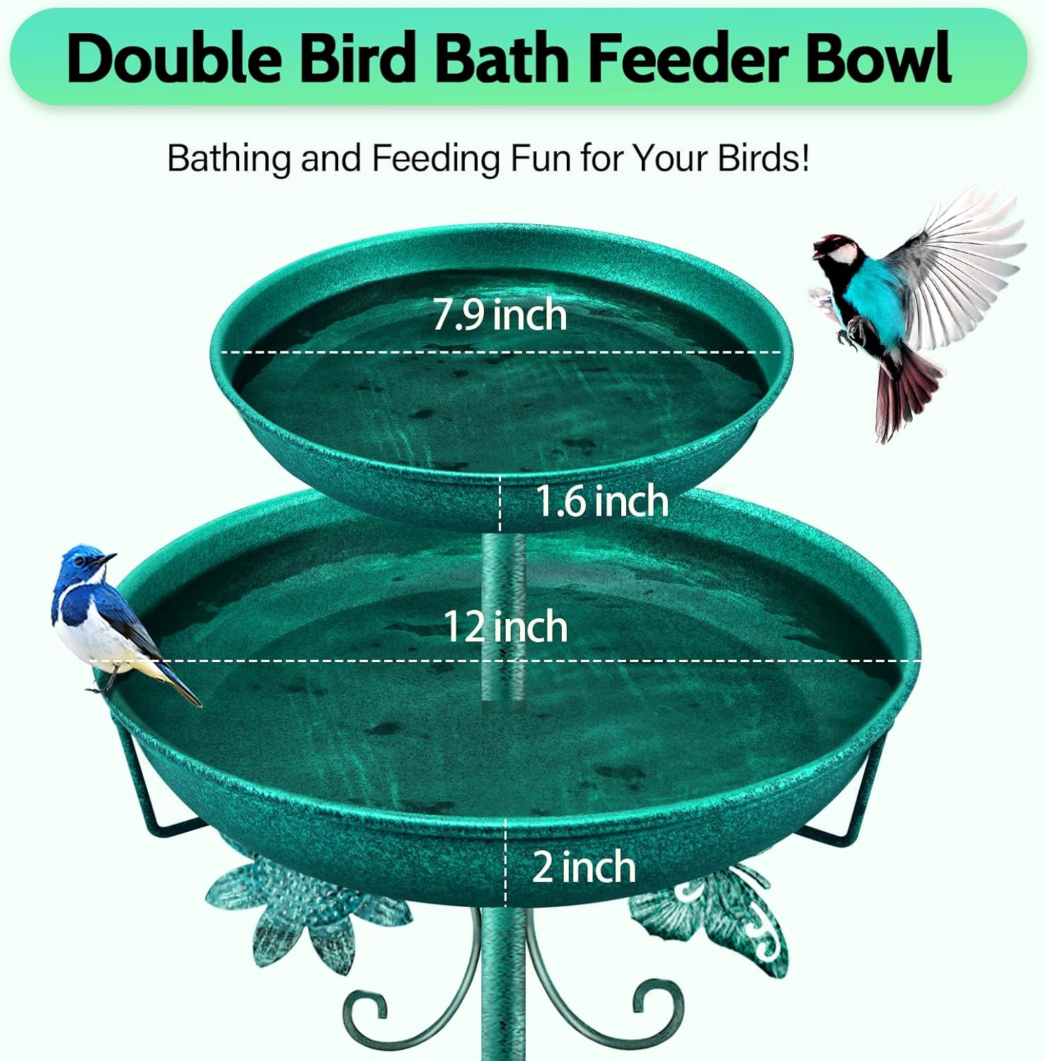 Detalle 2 de Metal Bird Bath for Outside (42In) Double Vintage Freestanding Birdbath & Feeder with 5‑Pronged Base