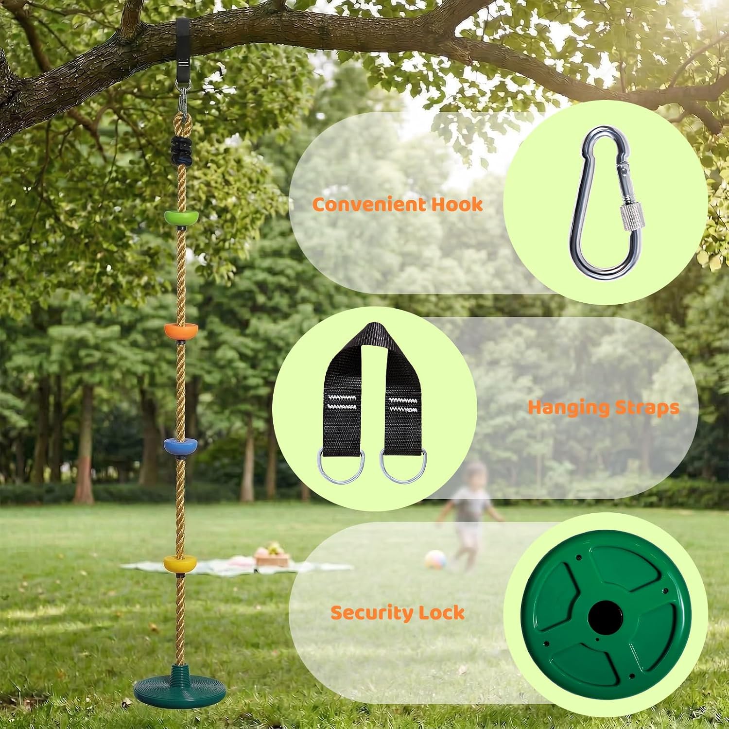 Detalle de Vdealen Balançoire à Corde pour enfants — Balançoire d'extérieur avec siège Frisbee, longueur ajustable