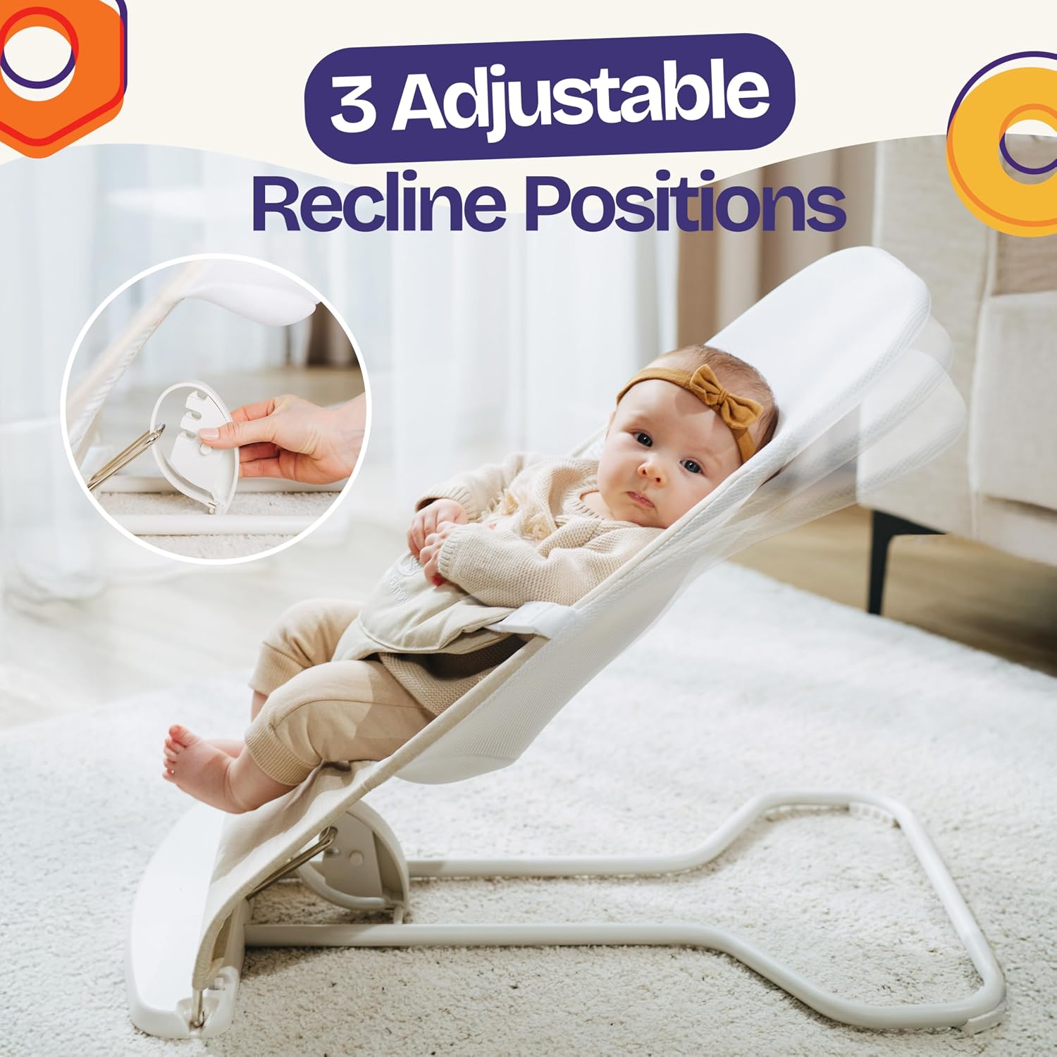 Detalle de ComfyBumpy Portable Baby Bouncer, Organic Cotton, 3 Recline Positions