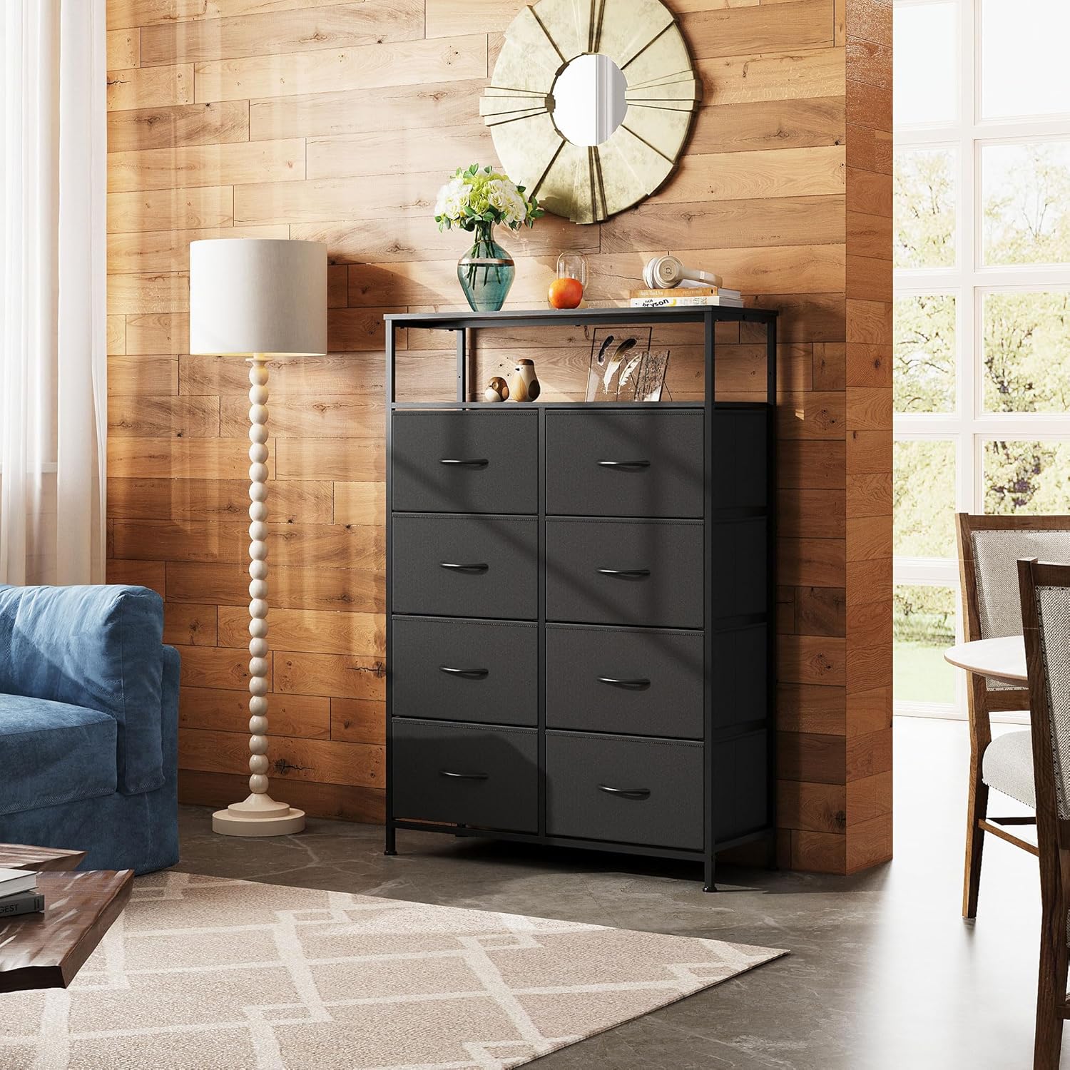 Detalle de WLIVE ASNG085DK 8-Drawer Fabric Dresser with Open Shelves