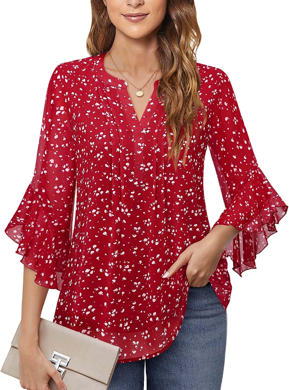 Detalle de Timeson Women’s 3/4 Sleeve Dressy Casual Top (Henley V-Neck with Flounce Sleeves)