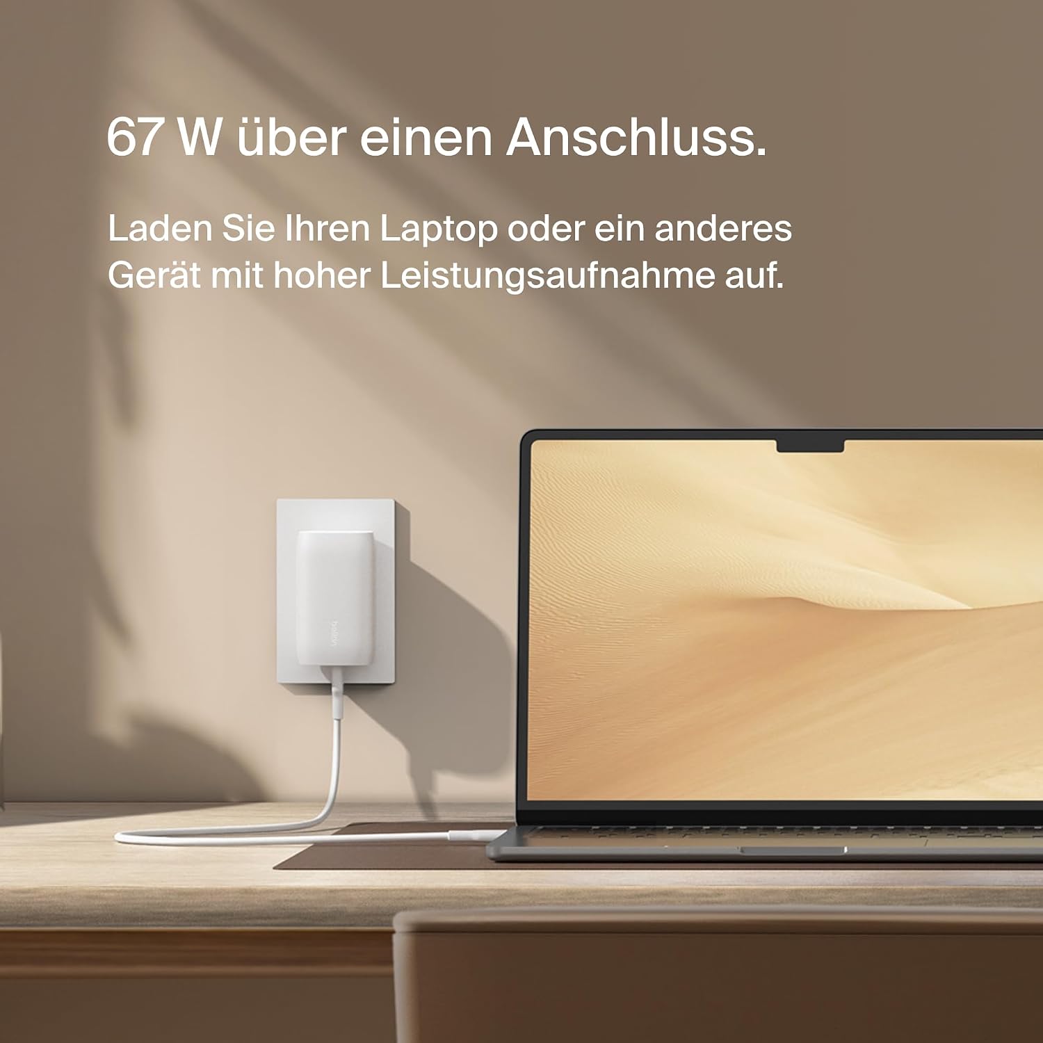 Detalle de Belkin BoostCharge USB-C-Ladegerät mit drei Anschlüssen und PPS (67 W) – kompakt, flexibel, sicher