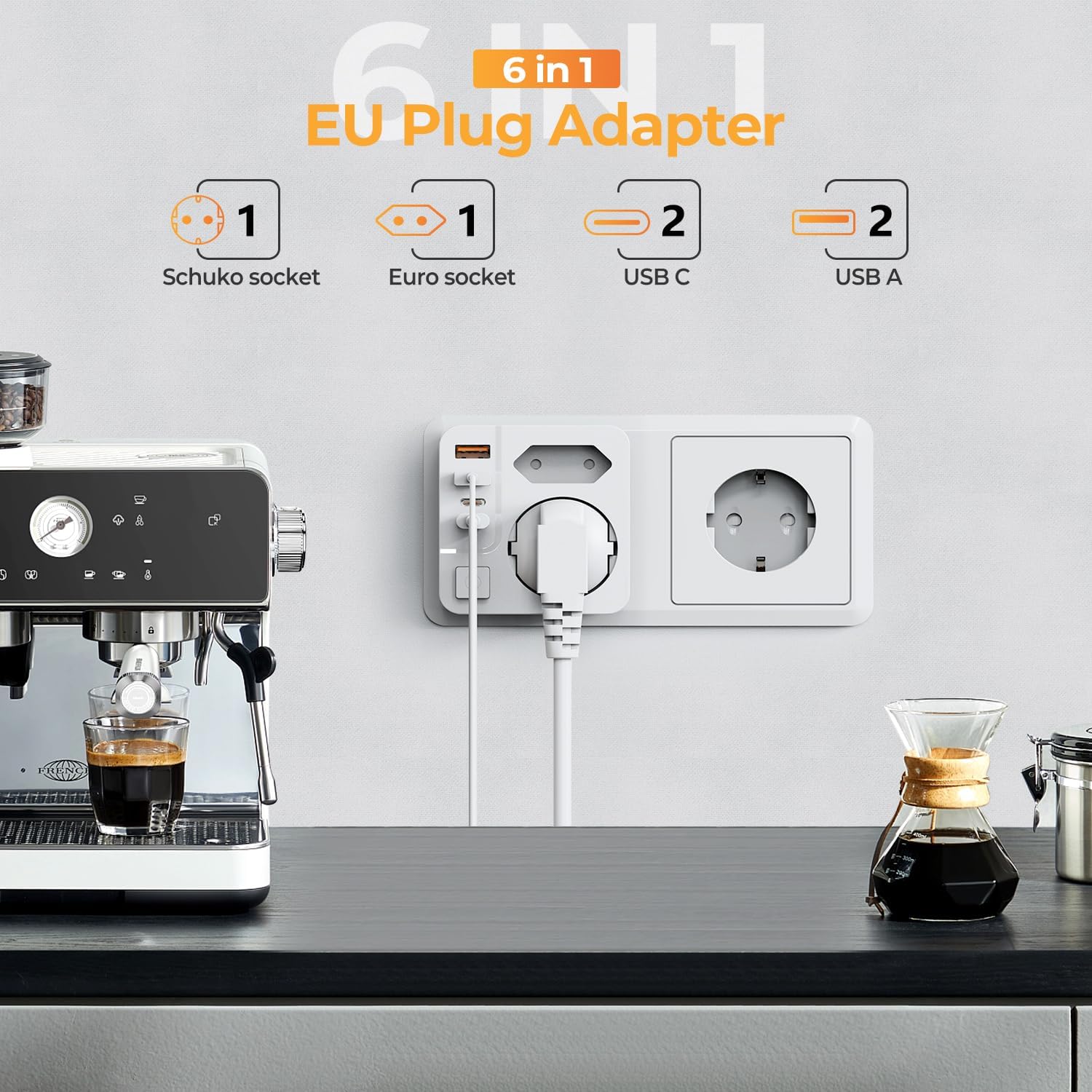 Detalle 2 de THUNIX Doppelstecker für Steckdose – 6-in-1 USB-C PD 20W, kompakt, 2x USB-C + 2x USB-A, 4.000 W