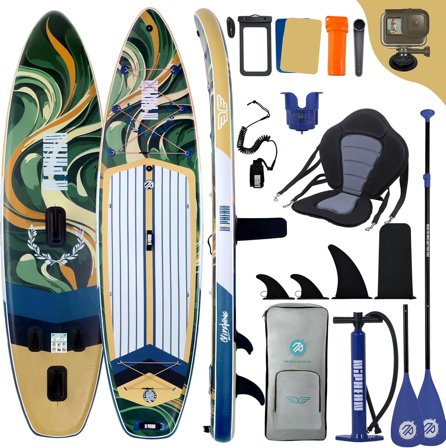 niphean (Extra Groß) Stand Up Paddling Board für 2+1 Personen, SUP für Anfänger mit StabilTrac, wasserdichte Handyhülle