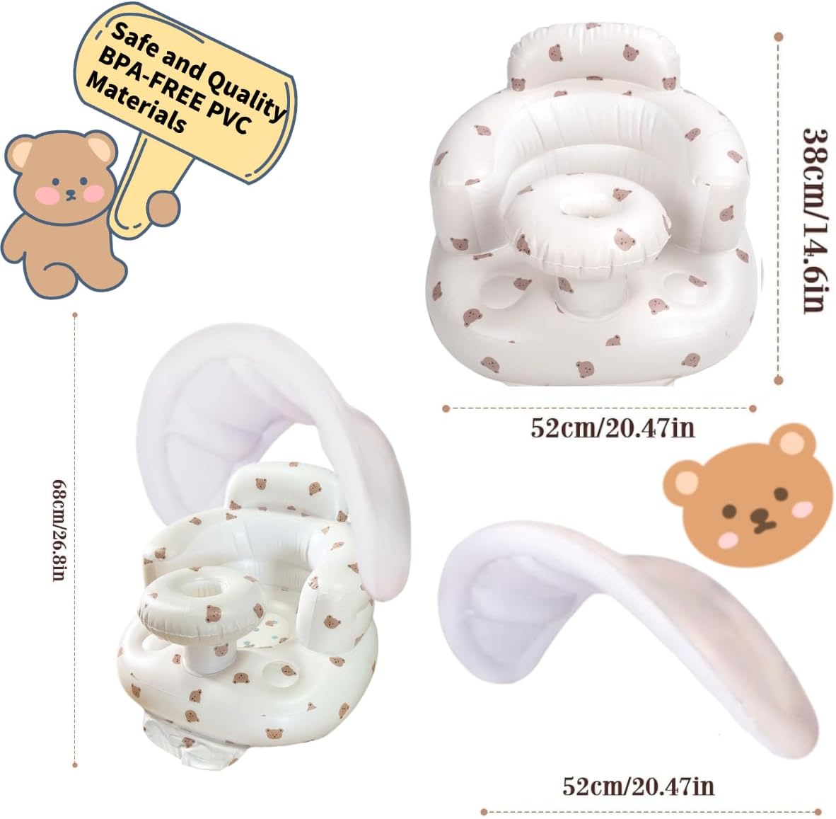 Thumbnail 1 de Seggiolino gonfiabile per bambini 4–24 mesi con pompa integrata e supporto schiena (Orso + baldacchino)