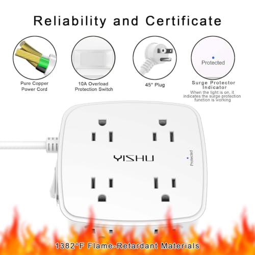 Detalle 2 de YISHU 6Ft Surge Protector Power Strip with 8 Widely Spaced Outlets & 4 USB Ports